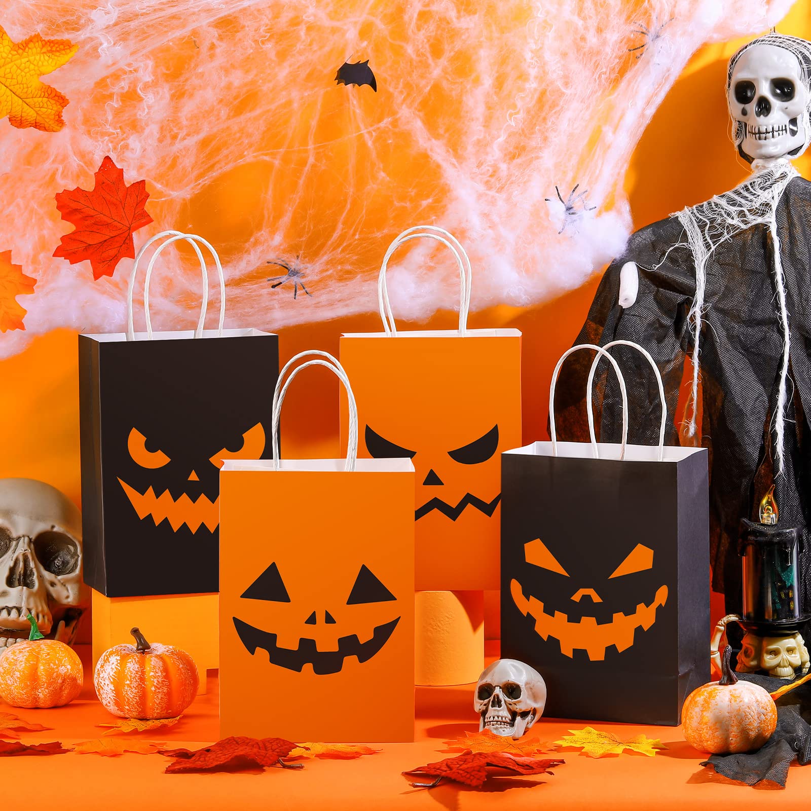 24 Pcs Halloween Treat Bags Halloween Paper Gift Bags with Handles Candy Bags Goodie Bags for Holiday Treats Snacks Halloween Party Favors Supplies (Bright Style)