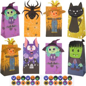 febsnow 24 pieces halloween bags with 24 pieces stickers,trick or treat candy bags,halloween cookies goody wrapping bags,craft paper bags for holiday partty favors