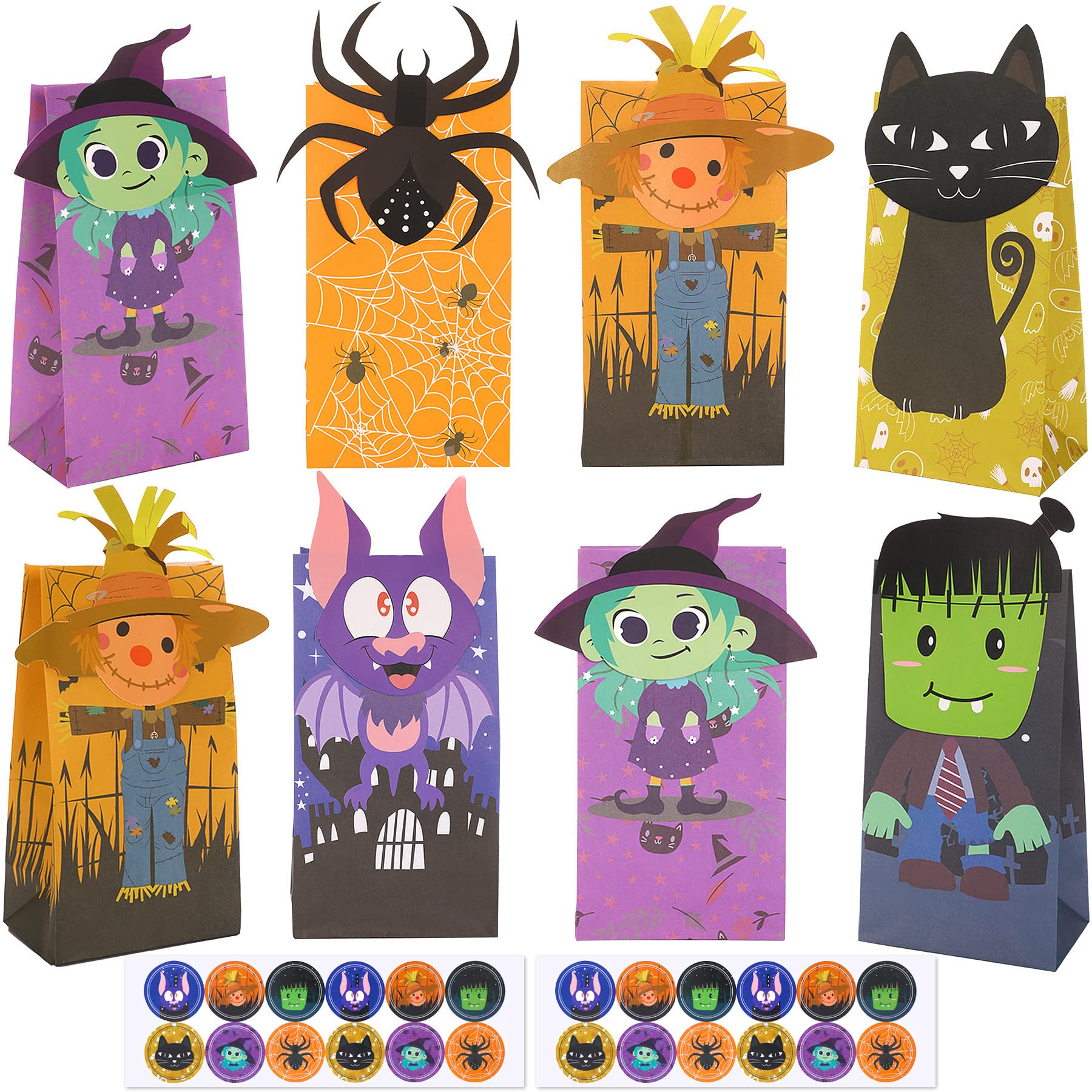 FEBSNOW 24 Pieces Halloween Bags with 24 Pieces Stickers,Trick or Treat Candy Bags,Halloween Cookies Goody Wrapping Bags,Craft Paper Bags for Holiday Partty Favors