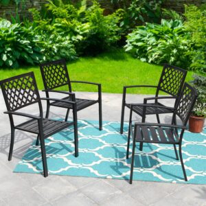 PHI VILLA 4 Pcs Patio Metal Outdoor Dining Chairs, Set of 4 Stackable Black Patio Chairs with Armrest, Indoor/Outdoor Portable Wrought Iron Chairs for Garden, Yard, Support 300 lbs