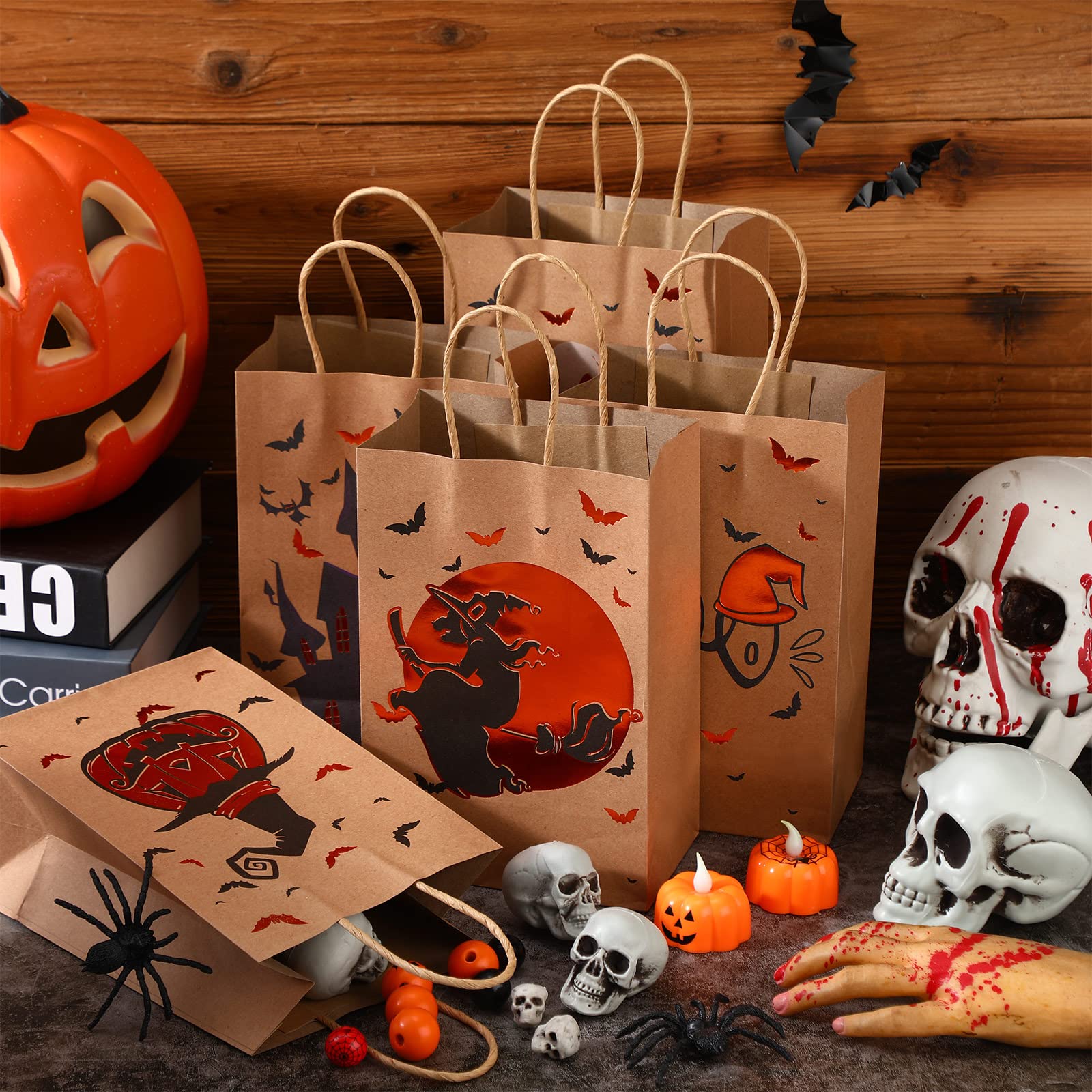 Yexiya Halloween Treat Bags Kraft Paper Candy Gift Bags with Handles Goodies Bags for Halloween Party Favors Supplies Bulk (24)