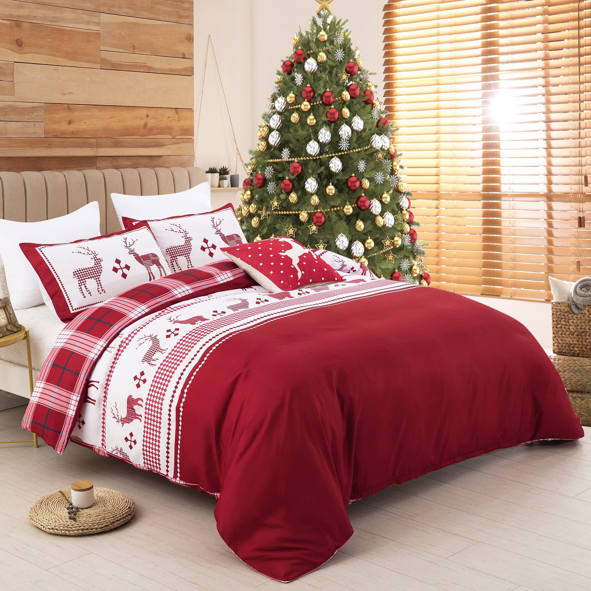 Christmas Duvet Cover Set King, Reversible Reindeer Red Plaid Comforter Cover with Zipper Closure, 3 Pieces Soft Microfiber New Year Xmas Holiday Bedding Cover Set with 2 Pillowcases