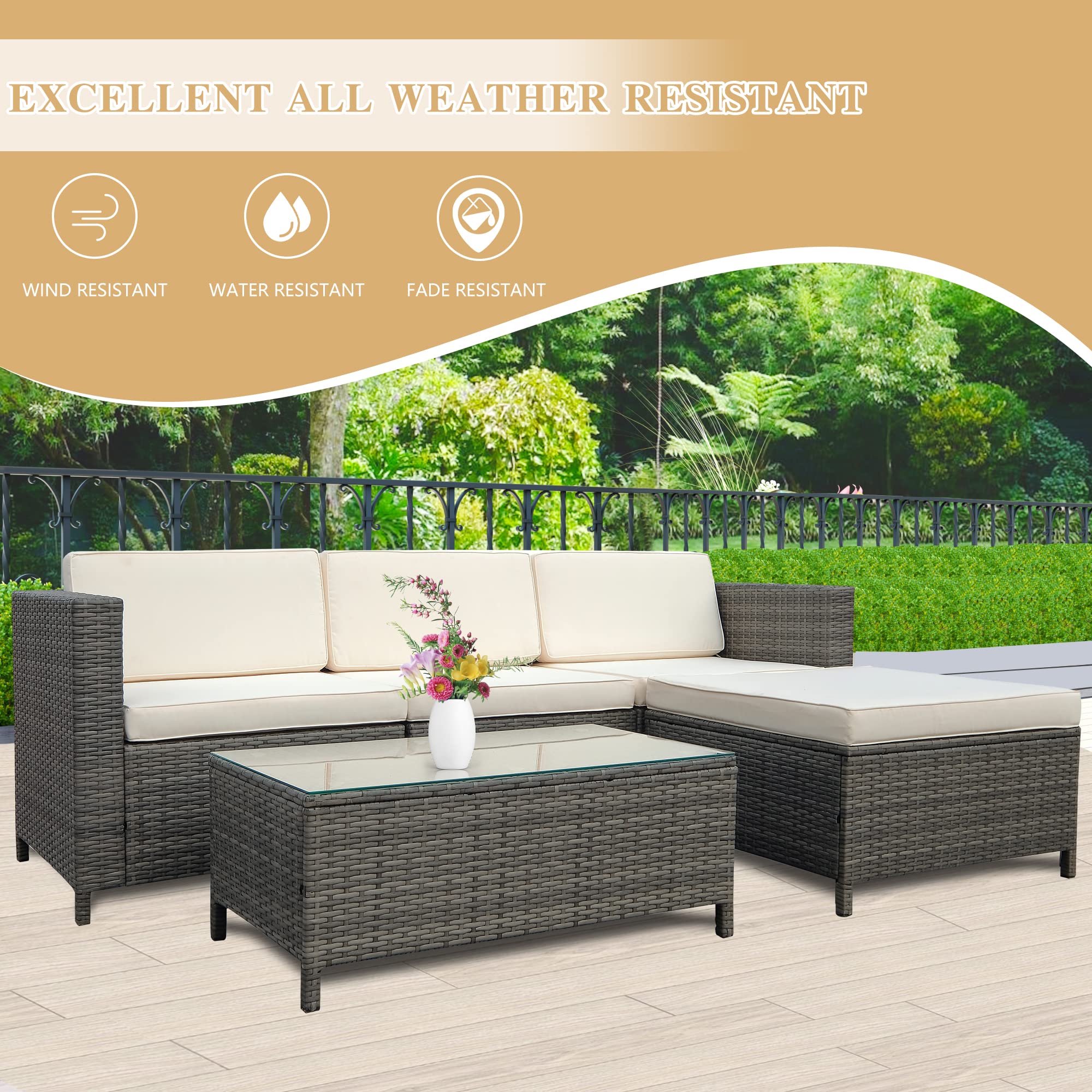 May in Color 5 Piece Outdoor Patio Sectional Furniture Set, Weather Resistant Rattan Outside Couch, Waterproof Conversation Sofa for Balcony, Porch, Backyard, Deck, Garden,Beige