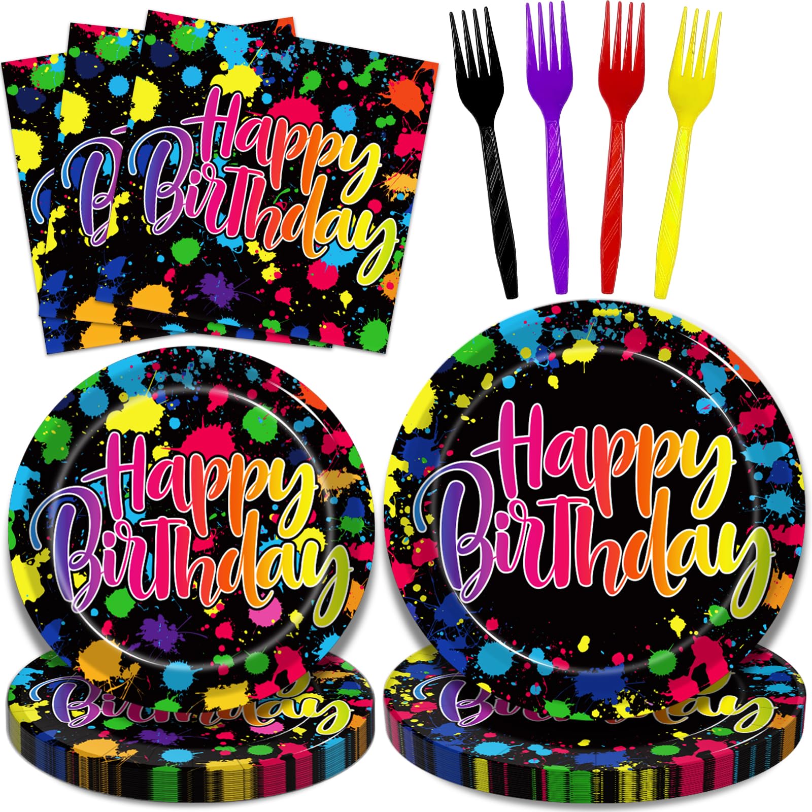 Kepeel 96 Pcs Neon Party Plates, Glow Birthday Party Supplies Disposable Paper Plates Dessert Napkins Glow in the Dark Favors Decorations Graffiti Tableware For Kids, Serves 24