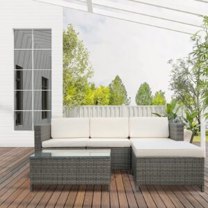 May in Color 5 Piece Outdoor Patio Sectional Furniture Set, Weather Resistant Rattan Outside Couch, Waterproof Conversation Sofa for Balcony, Porch, Backyard, Deck, Garden,Beige