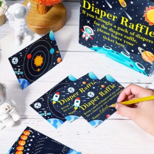 50 Pcs Diaper Raffle Tickets Outer Space Themed Baby Shower Game Home Party Decorations Rocket Universe Outer Space Box with Cards for Boys Baby Party Decorations Diaper Raffle Sign Box