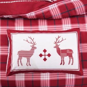 Christmas Duvet Cover Set King, Reversible Reindeer Red Plaid Comforter Cover with Zipper Closure, 3 Pieces Soft Microfiber New Year Xmas Holiday Bedding Cover Set with 2 Pillowcases