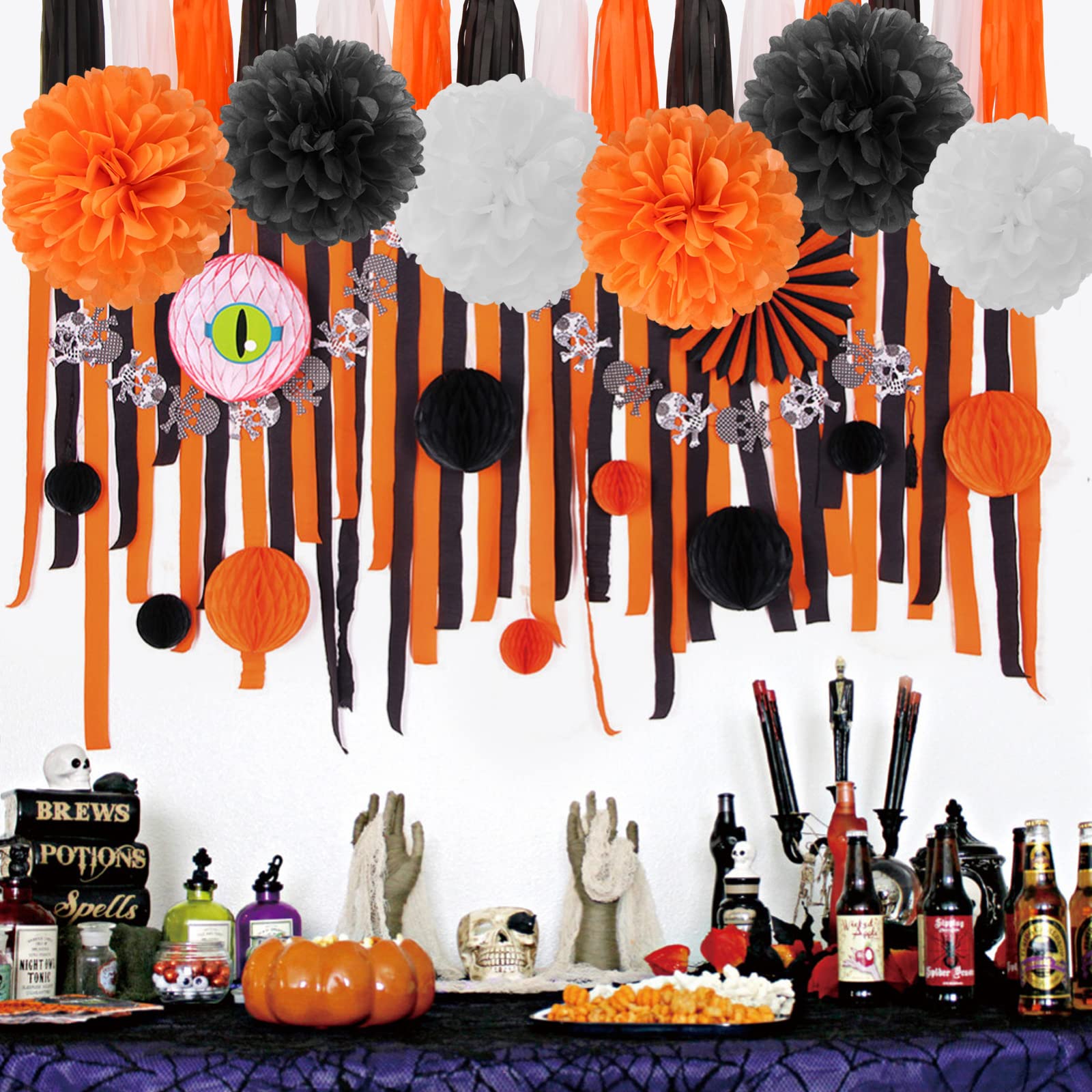 Black White Orange Halloween Party-Decorations - 23pcs Tissue Pom Poms Streamers,Tassel Garland Banner,Graduation 2023 Birthday Wedding Baby Bridal Shower Decor Bunting Lasting Surprise