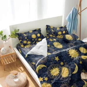 4 Piece California King Duvet Cover Set Night Vintage Moon Sun Star Breathable Comforter Covers Ultra Soft Bed Sheet with 2 Pillow Shams Bedding Collection Sets Yellow Celestial Fabric Midnight