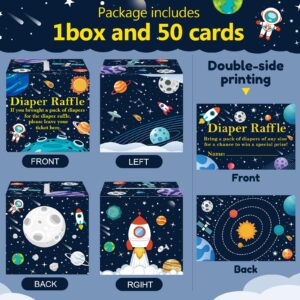 50 Pcs Diaper Raffle Tickets Outer Space Themed Baby Shower Game Home Party Decorations Rocket Universe Outer Space Box with Cards for Boys Baby Party Decorations Diaper Raffle Sign Box