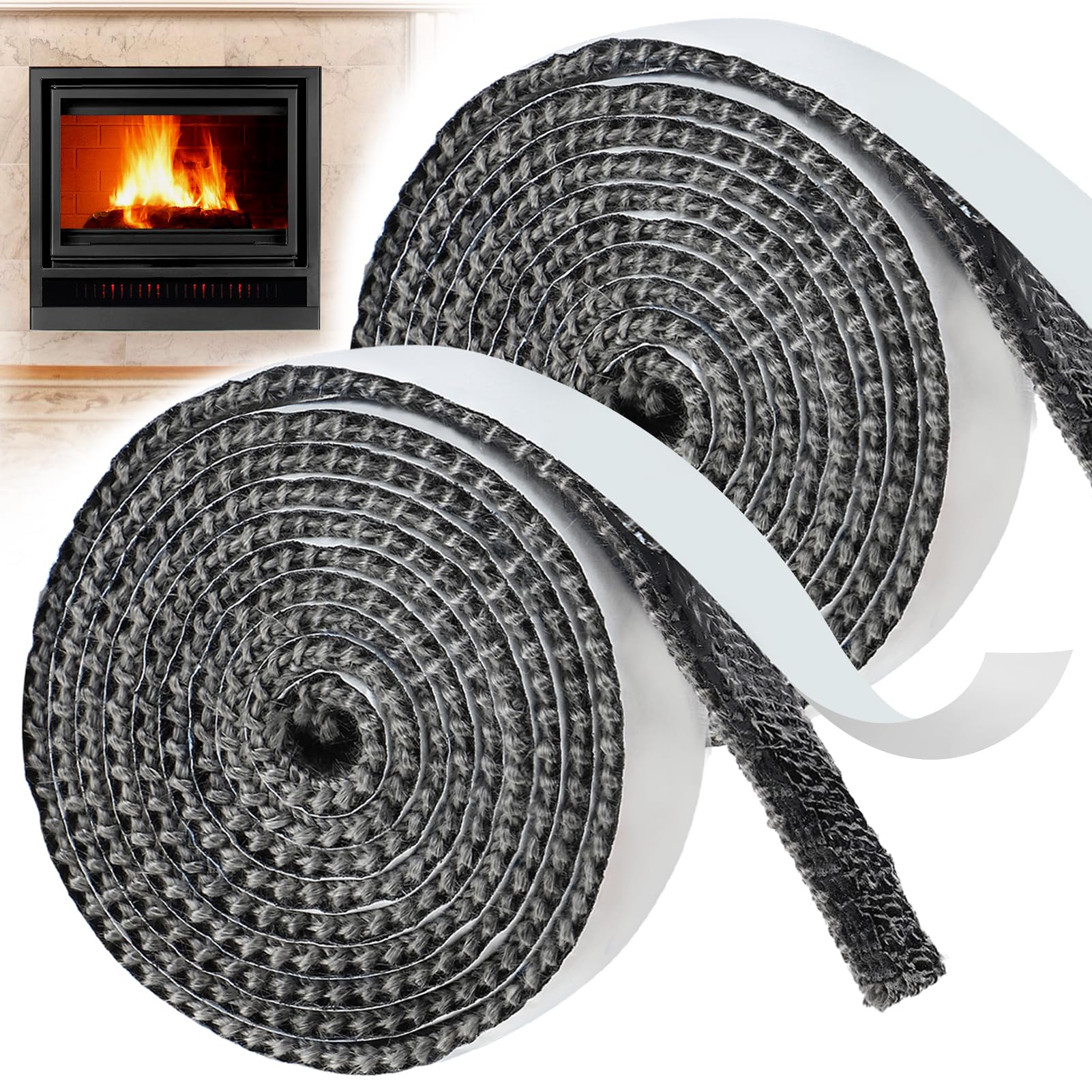 Self Adhesive Wood Stove Gasket Tape - Total 9ft x 0.78in x 1/8in High Temp Resistant Fiberglass Fireplace Door Gasket for Indoor Wood Burning Pellet Stove Smokers, 2pcs