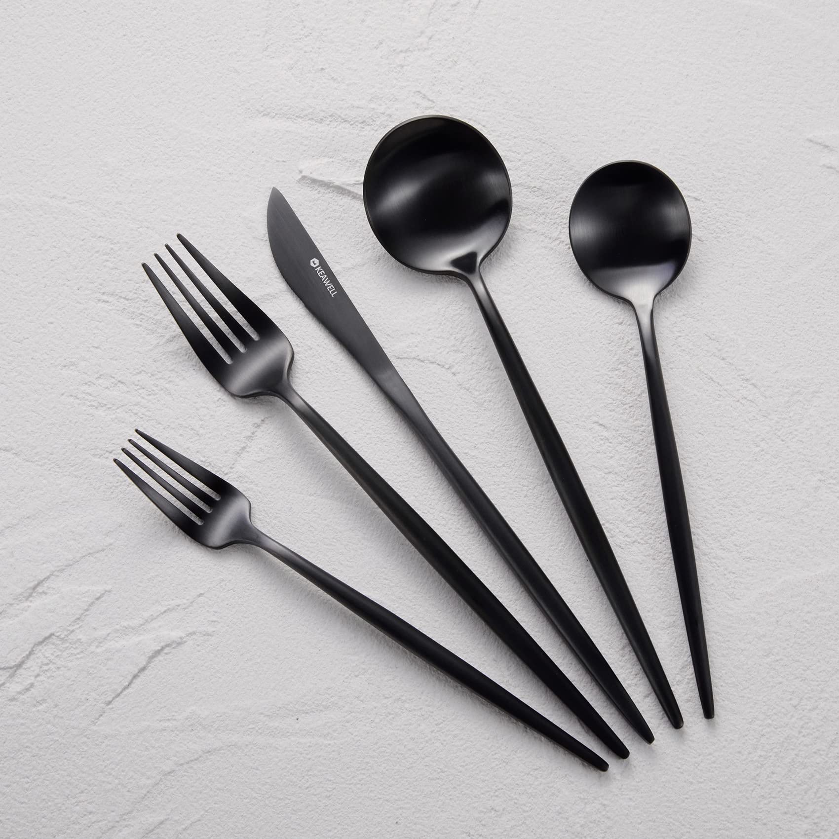 KEAWELL Mia 20-Piece Fine flatware set, 18/10 Stainless Steel, Service for 4, Sleek and Modern Silverware Set. Gift Box. (Matte Black)