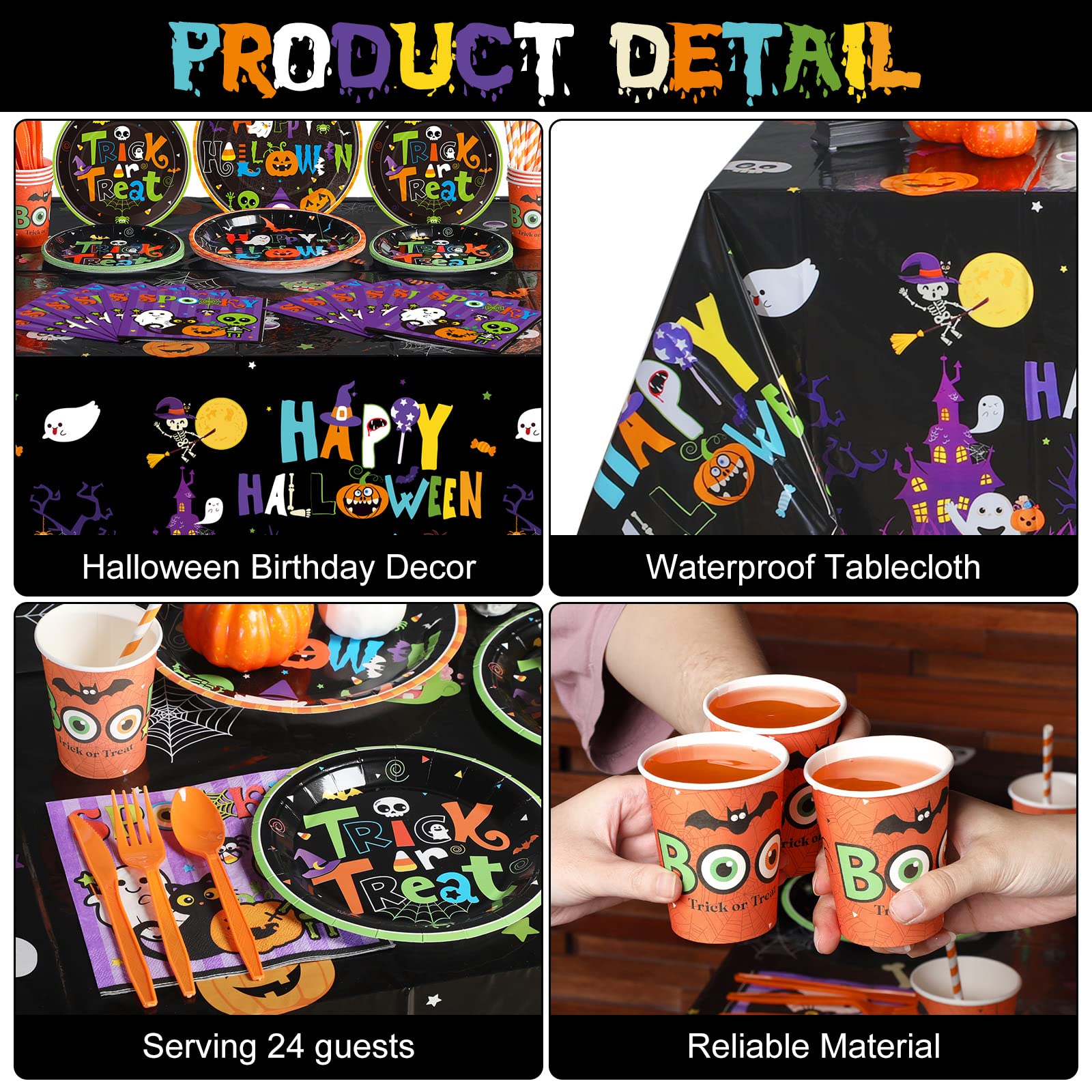 194 Pieces Halloween Party Supplies Tableware Set,Paper Dessert Plates Cups and Napkins Plastic Tablecloth Disposable Straws Knives Forks for Happy Halloween Holiday Party Decorations