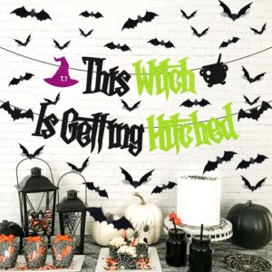 This Witches is Getting Hitched Banner with 32 PCS 3D Bats Props Decoration for Halloween Bachelorette Bachelor Engagement Wedding Bridal Shower Hallows Celebration Anniversary Party Decor Supplies