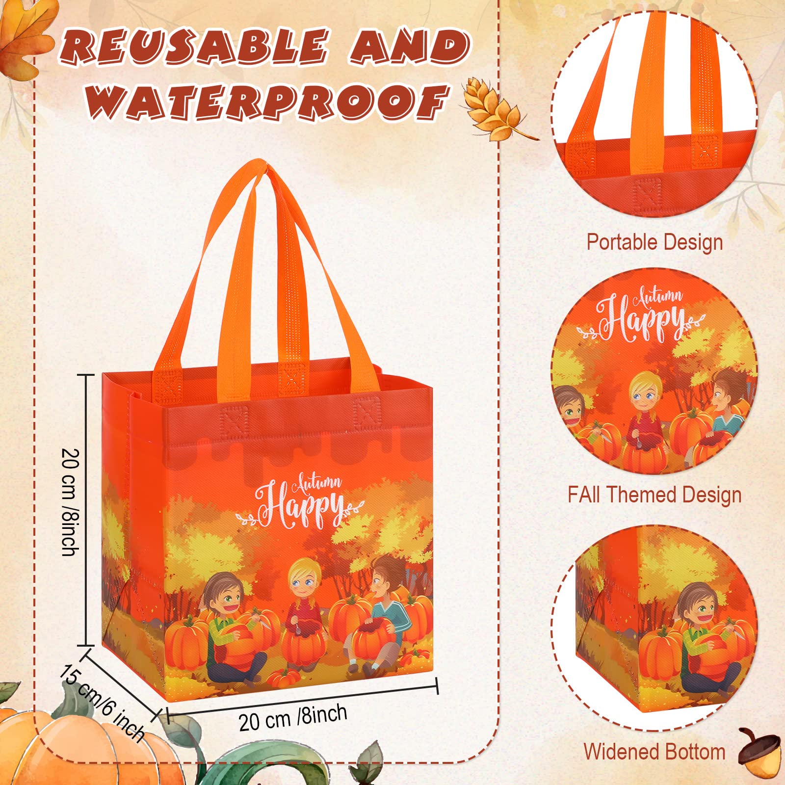 Sanwuta 48 Pcs Fall Non Woven Tote Bags Thanksgiving Party Bags with Handles Waterproof Autumn Treat Favor Bag Pumpkin Goodie Bag Gift Candy Bags Thanksgiving Party Favor Supplies (Happy Style)