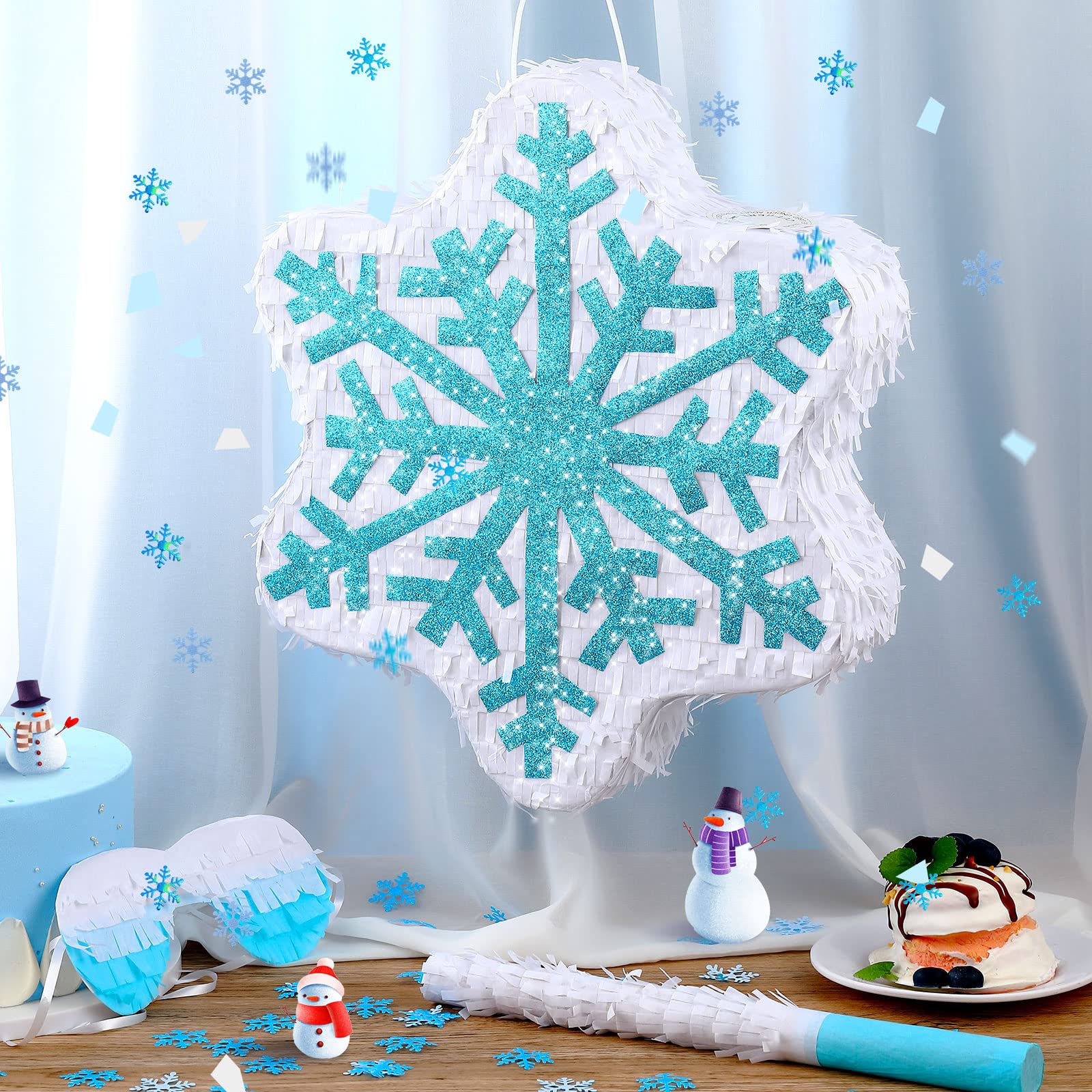 Deekin Snowflake Piñata Christmas Winter Piñata Pull String Blue Snowflake Decors for Winter Theme Party Birthday Party Game Supply for Christmas Party Decorations