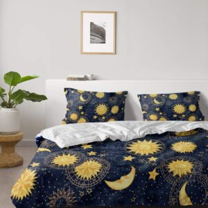 4 Piece California King Duvet Cover Set Night Vintage Moon Sun Star Breathable Comforter Covers Ultra Soft Bed Sheet with 2 Pillow Shams Bedding Collection Sets Yellow Celestial Fabric Midnight