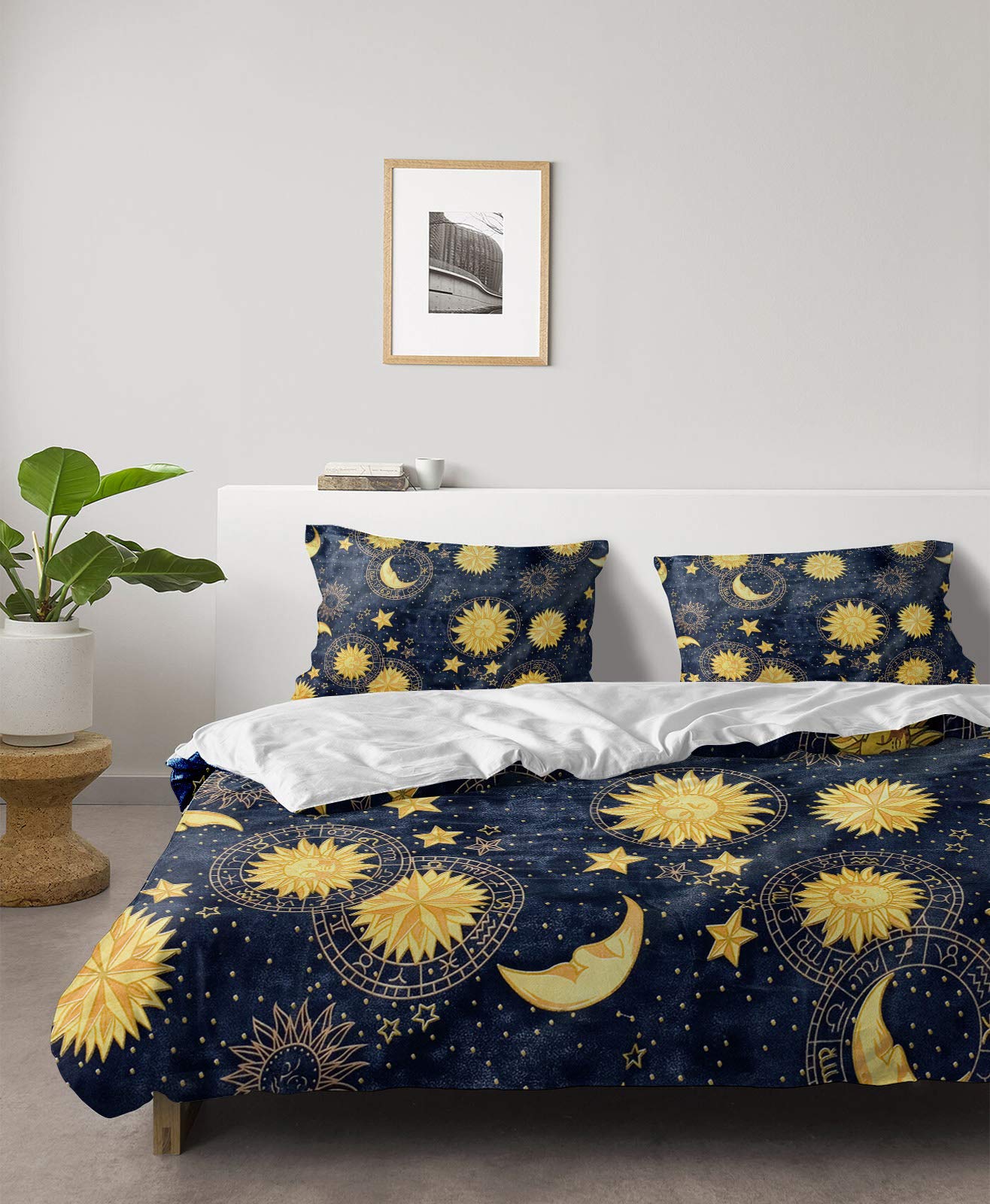 4 Piece California King Duvet Cover Set Night Vintage Moon Sun Star Breathable Comforter Covers Ultra Soft Bed Sheet with 2 Pillow Shams Bedding Collection Sets Yellow Celestial Fabric Midnight