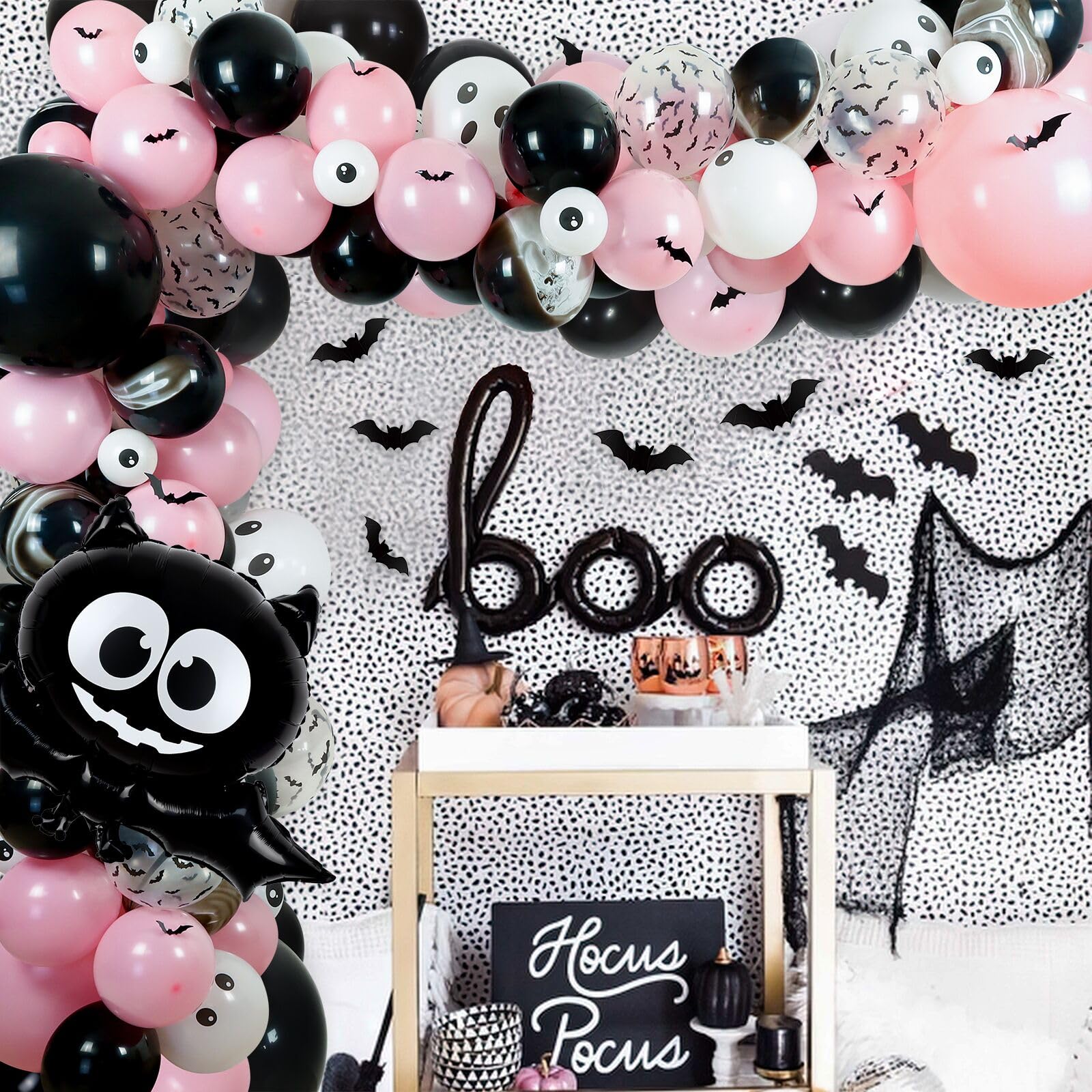 Halloween Balloon Arch Garland Kit, 124 Pcs18" 10" 5" Black Pink Balloons Big Bat Foil Balloon with 3D PVC Bat Halloween Decorations for Halloween Baby Shower Halloween Party Supplies