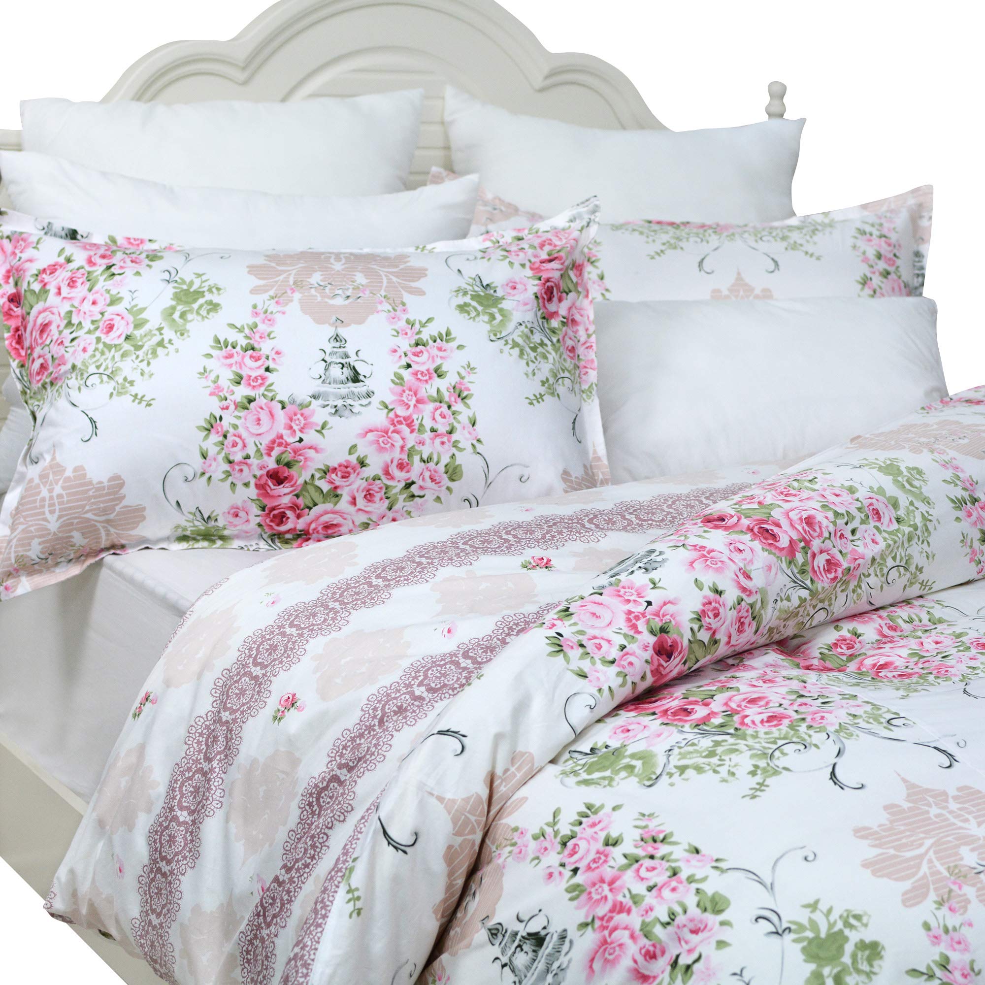 FADFAY 7Pcs Shabby Rose Floral Duvet Cover Sheets Set Queen Size, 1 Duvet Cover+1 Flat Sheet+1 Fitted Sheet+ 4 Standard Size Shams