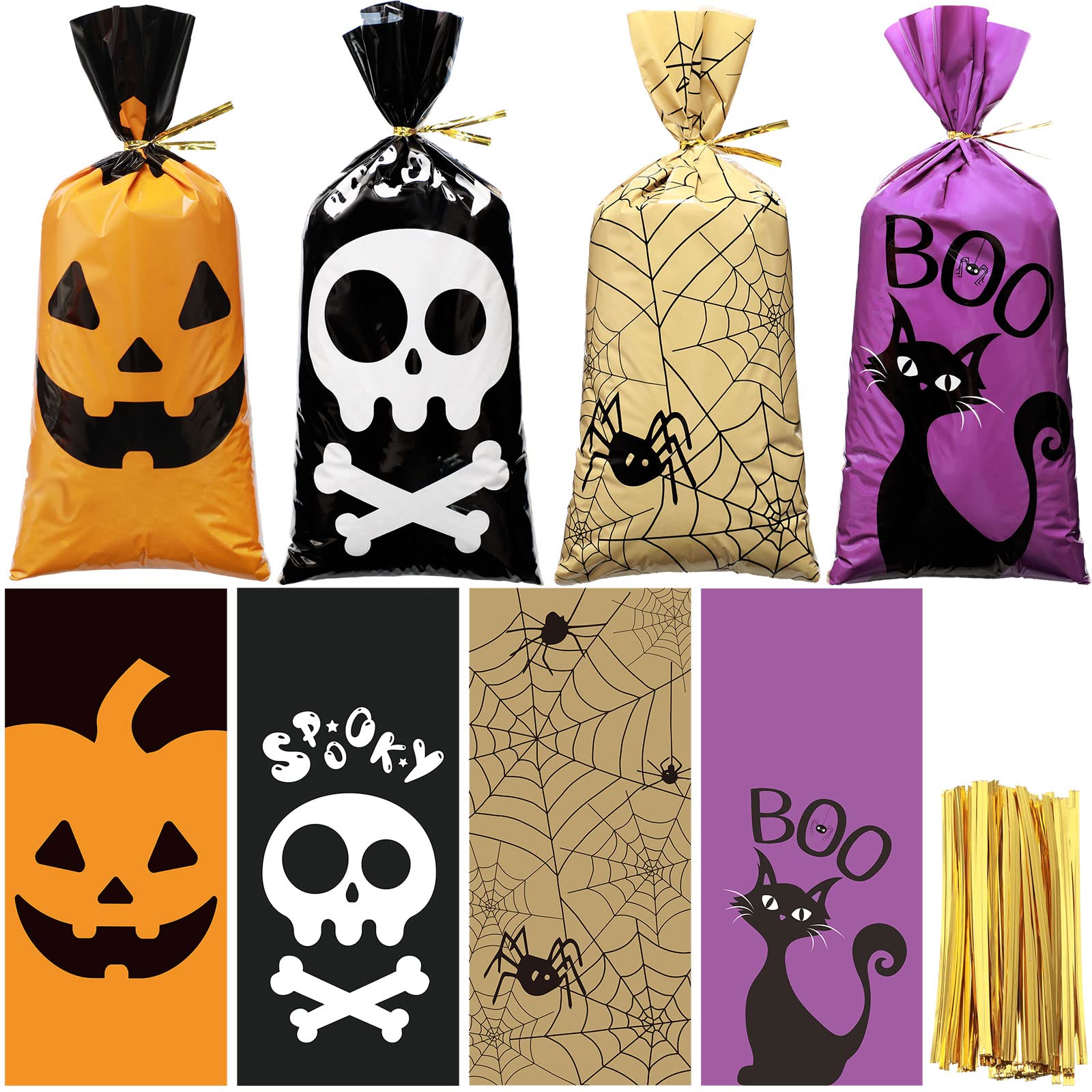 100 Pcs Halloween Candy Gift Bag Halloween Cellophane Bag Halloween Colorful Candy Bag Plastic Trick or Treat Cookie Goodie Bag with Twist Ties Halloween Treat Party Favor, Pumpkin, Cat, Skull, Spider