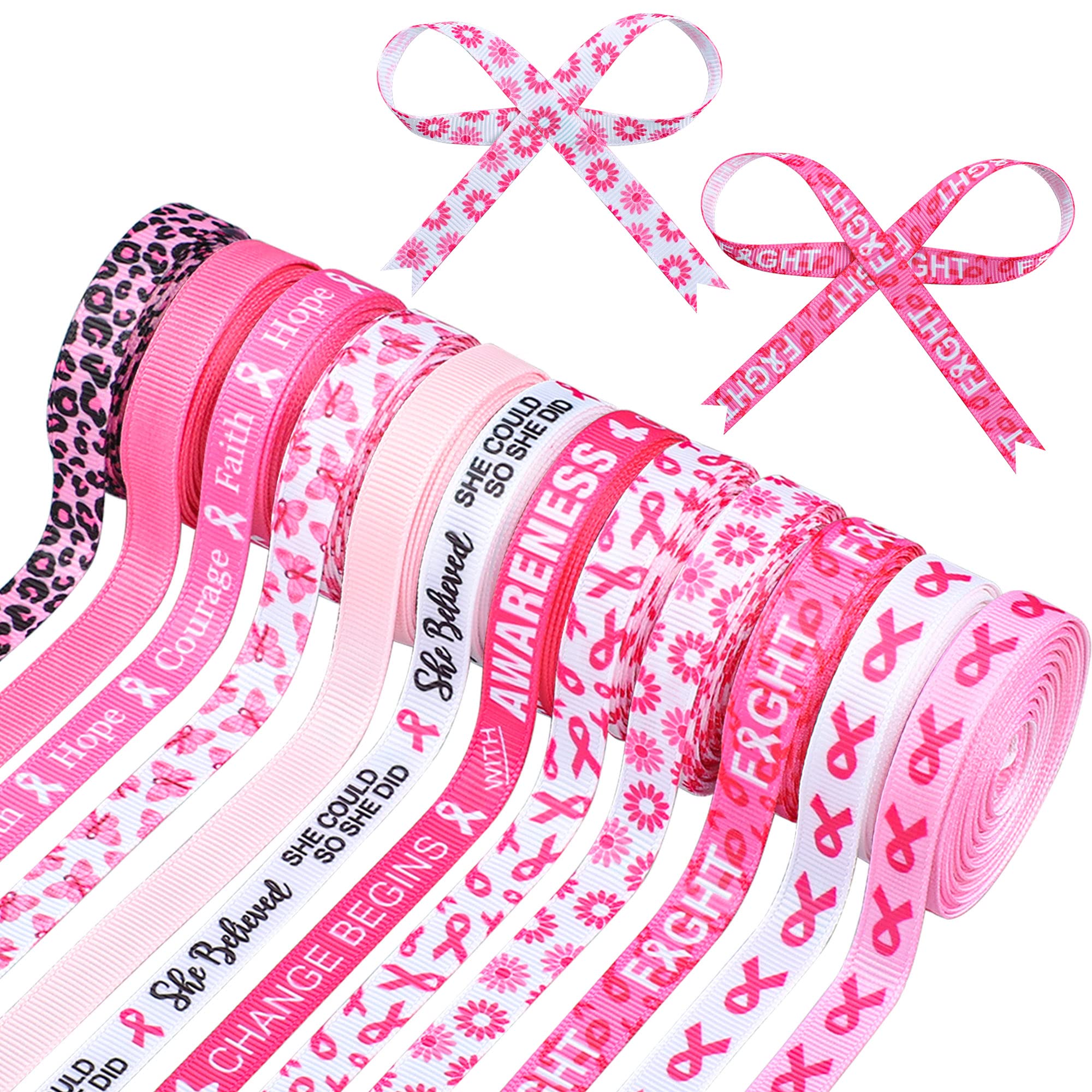 12 Rolls Breast Cancer Awareness Grosgrain Ribbons Pink Bow Making Ribbon DIY Craft Decorative Ribbons for Women Gift Wrapping Activities Home Decor, 3/8in