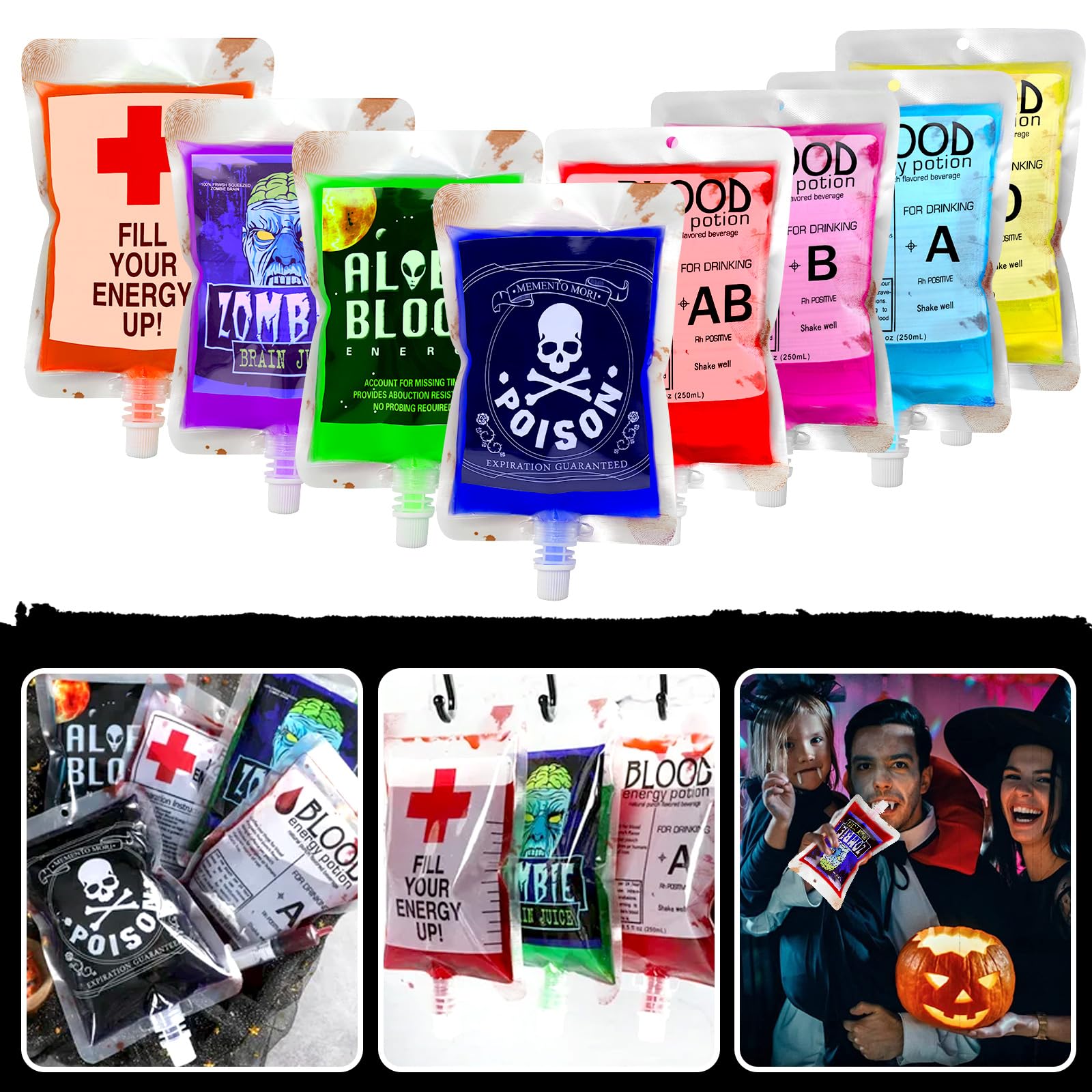 Hifunwu 24 Pack Halloween Blood Bags Party Supplies, Halloween Blood IV Bags for Halloween Party Favors Supplies