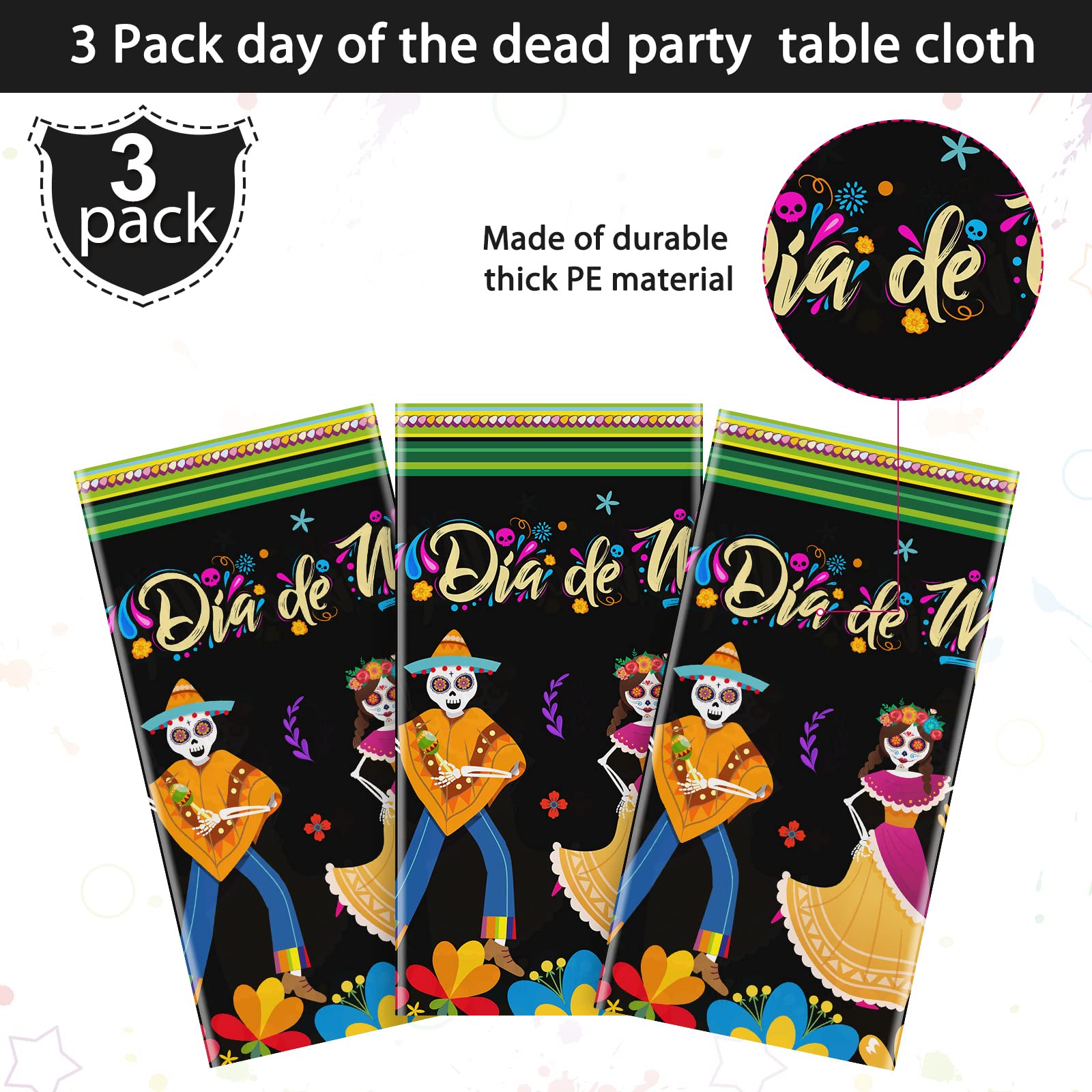 3 Pieces Day of The Dead Tablecloth Dia De Los Muertos Table Cover Halloween Sugar Skull Floral Table Cover Mexican Fiesta Plastic Tablecloth for Halloween Mexican Fiesta Party Supplies, 54 x 108 Inch