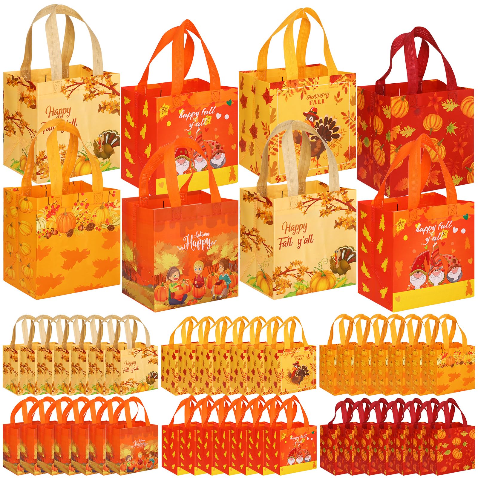 Sanwuta 48 Pcs Fall Non Woven Tote Bags Thanksgiving Party Bags with Handles Waterproof Autumn Treat Favor Bag Pumpkin Goodie Bag Gift Candy Bags Thanksgiving Party Favor Supplies (Happy Style)