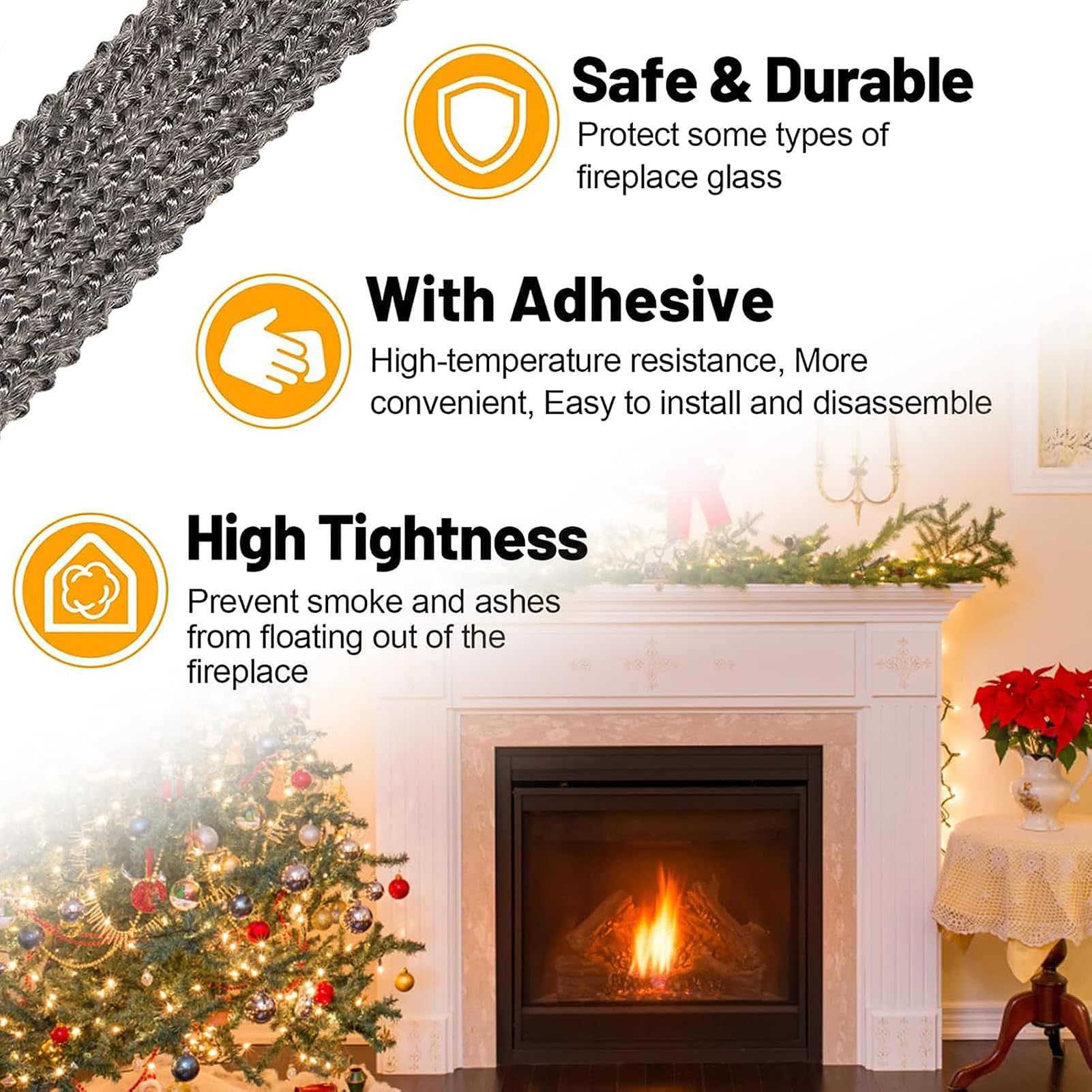 Self Adhesive Wood Stove Gasket Tape - Total 9ft x 0.78in x 1/8in High Temp Resistant Fiberglass Fireplace Door Gasket for Indoor Wood Burning Pellet Stove Smokers, 2pcs