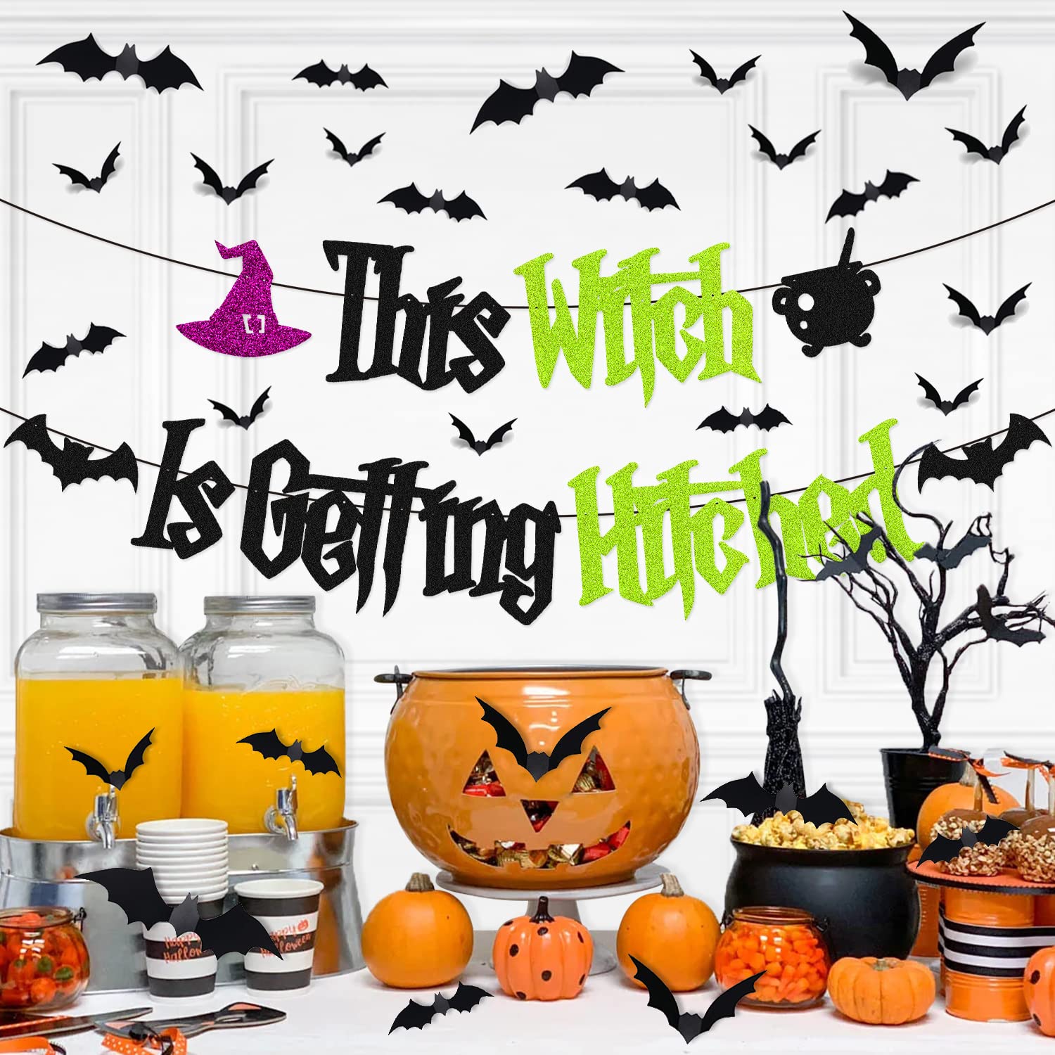 This Witches is Getting Hitched Banner with 32 PCS 3D Bats Props Decoration for Halloween Bachelorette Bachelor Engagement Wedding Bridal Shower Hallows Celebration Anniversary Party Decor Supplies