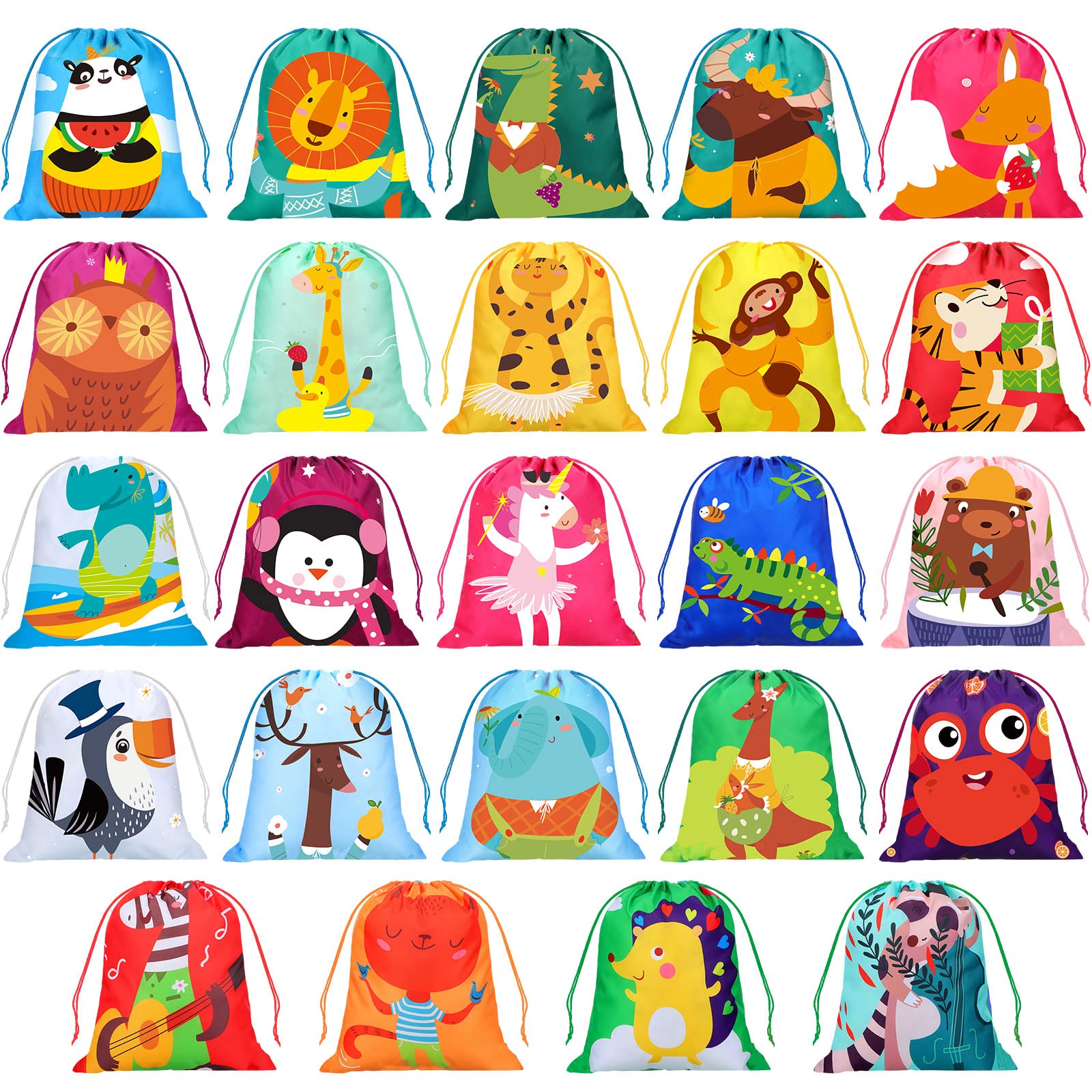 WILLBOND 24 Pack Drawstring Party Favors Bags Cartoon Animal Candy Goodie Drawstring Bags for Boys Birthday Kids Gift Bags Return Gift Bags for Kids Boys Girls Birthday Party Supplies, 24 Styles