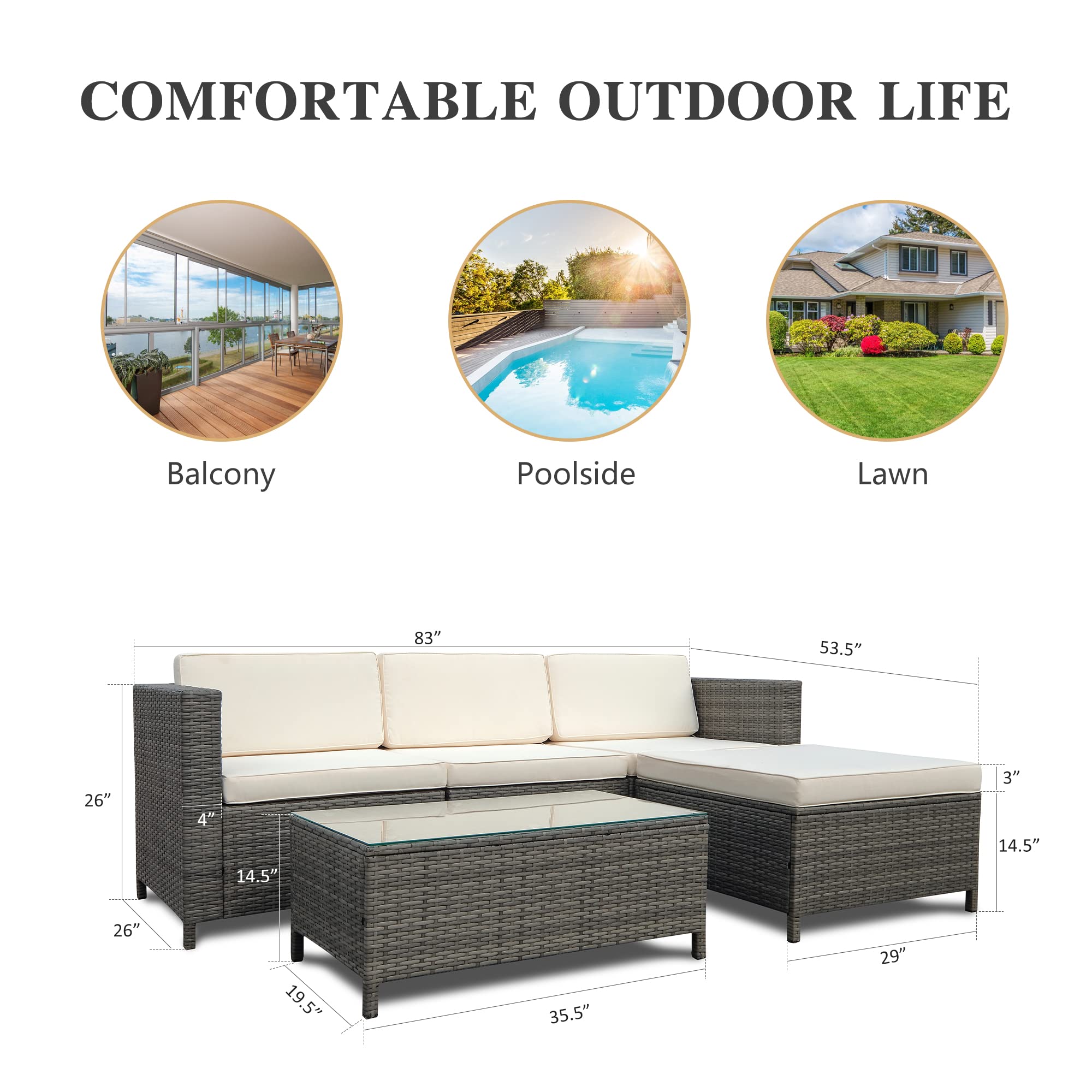 May in Color 5 Piece Outdoor Patio Sectional Furniture Set, Weather Resistant Rattan Outside Couch, Waterproof Conversation Sofa for Balcony, Porch, Backyard, Deck, Garden,Beige