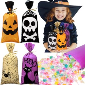 100 pcs halloween candy gift bag halloween cellophane bag halloween colorful candy bag plastic trick or treat cookie goodie bag with twist ties halloween treat party favor, pumpkin, cat, skull, spider