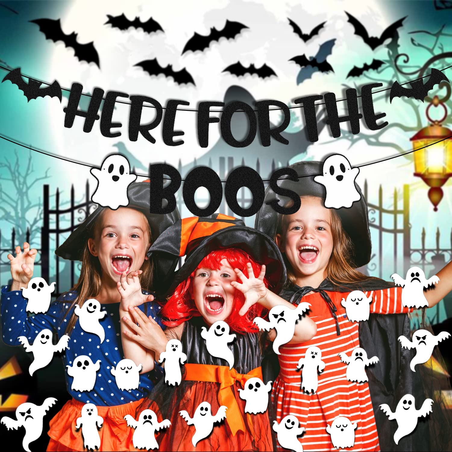 35 PCS Here for The Boos Decorations Halloween Banner Ghost Bat Wall Decor Haunted House Pumpkin Happy Boo Day Theme for Boy Girl Kid Halloween Festival Holiday Party Decoration Black Glitter Supplies