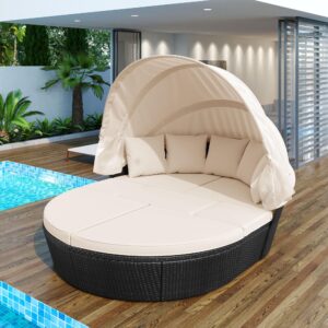 merax outdoor patio rattan round daybed sunbed with retractable canopy, sectional sofa set for backyard and porch, black furniture clamshell seating containing washable cushions, beige