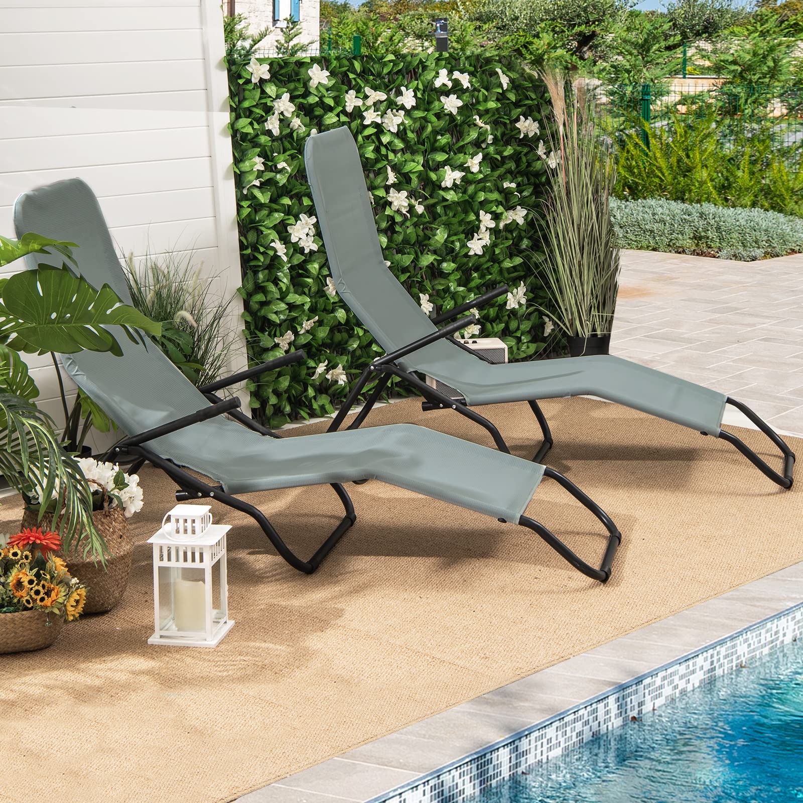 Tangkula Outdoor Chaise Lounge Chair Set of 2,Zero Gravity Folding Stackable Reclining Chair with Comfortable Armrest & Non-Slip Foot Pads,for Beach Backyard Poolside and Deck,Sun-Chair