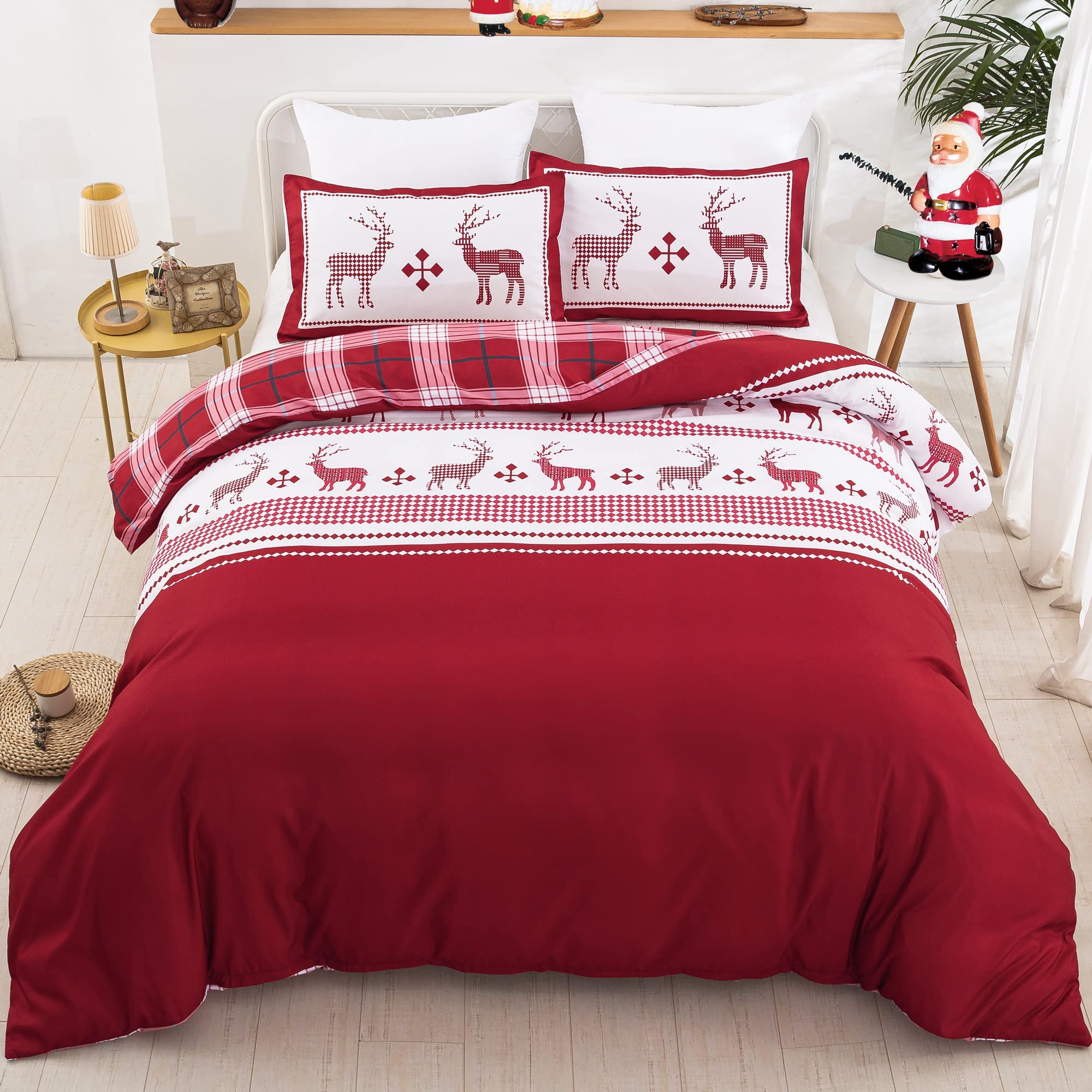 Christmas Duvet Cover Set King, Reversible Reindeer Red Plaid Comforter Cover with Zipper Closure, 3 Pieces Soft Microfiber New Year Xmas Holiday Bedding Cover Set with 2 Pillowcases