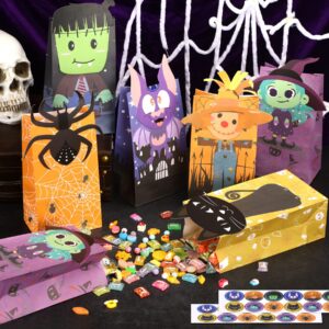 FEBSNOW 24 Pieces Halloween Bags with 24 Pieces Stickers,Trick or Treat Candy Bags,Halloween Cookies Goody Wrapping Bags,Craft Paper Bags for Holiday Partty Favors