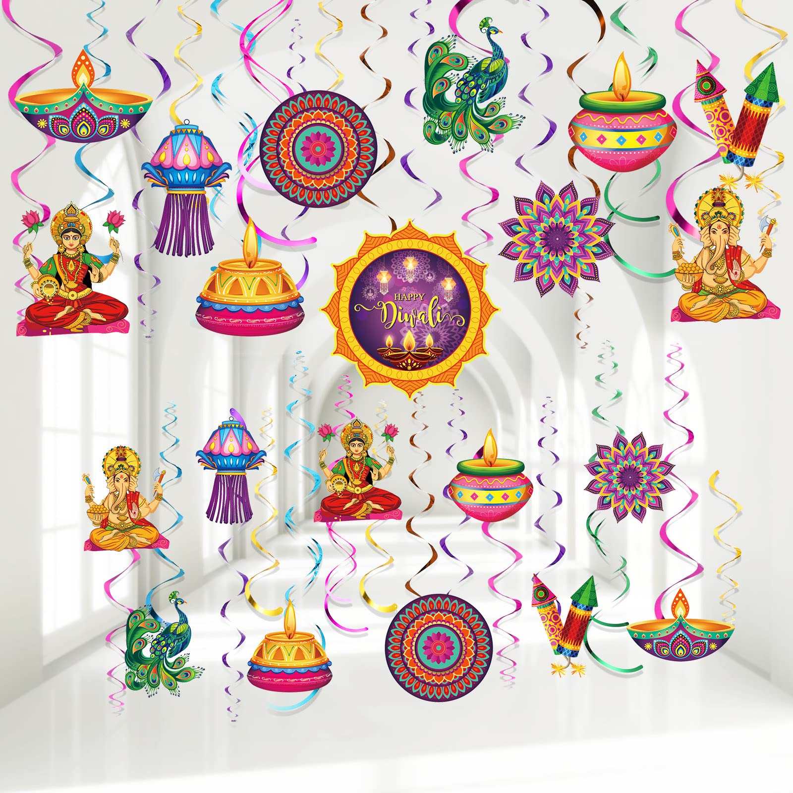 51 Pcs Happy Diwali Hanging Swirls Diwali Lights Party Hanging Swirls Deepavali Party Hanging Decorations Diwali Festival Hanging Decorations for Indian Diwali Deepavali Light Festival Party Supplies