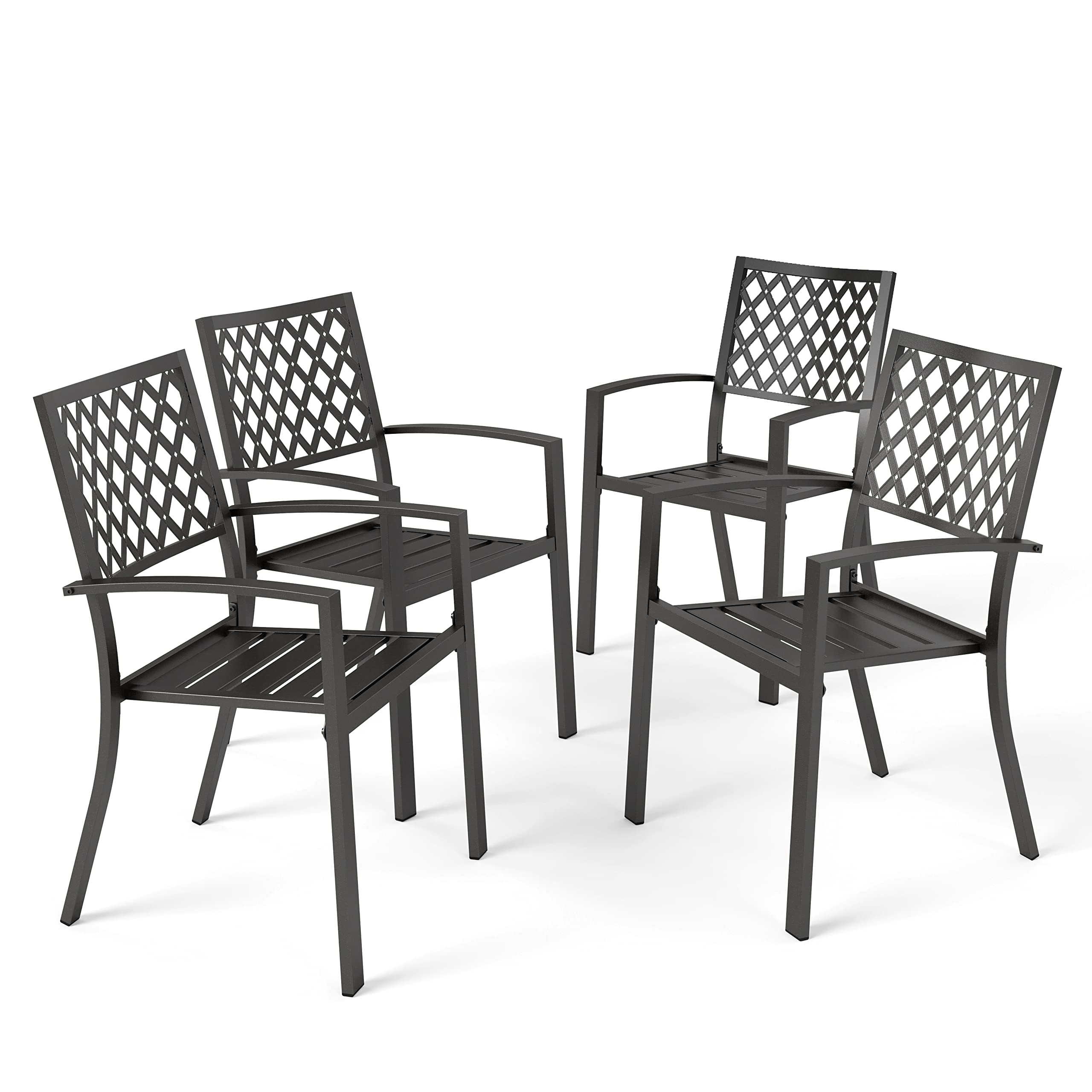 PHI VILLA 4 Pcs Patio Metal Outdoor Dining Chairs, Set of 4 Stackable Black Patio Chairs with Armrest, Indoor/Outdoor Portable Wrought Iron Chairs for Garden, Yard, Support 300 lbs