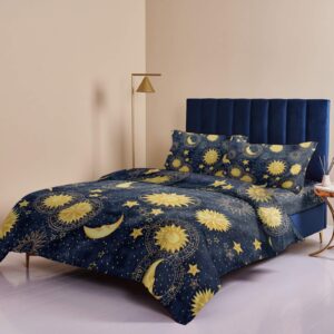 4 Piece California King Duvet Cover Set Night Vintage Moon Sun Star Breathable Comforter Covers Ultra Soft Bed Sheet with 2 Pillow Shams Bedding Collection Sets Yellow Celestial Fabric Midnight