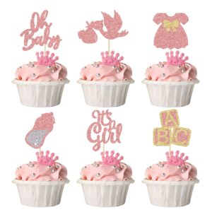 24pcs baby shower oh baby cupcake toppers rose gold glitter bow dress bottle swan it's a girl cake picks decorations for baby shower gender reveal girls birthday party supplies