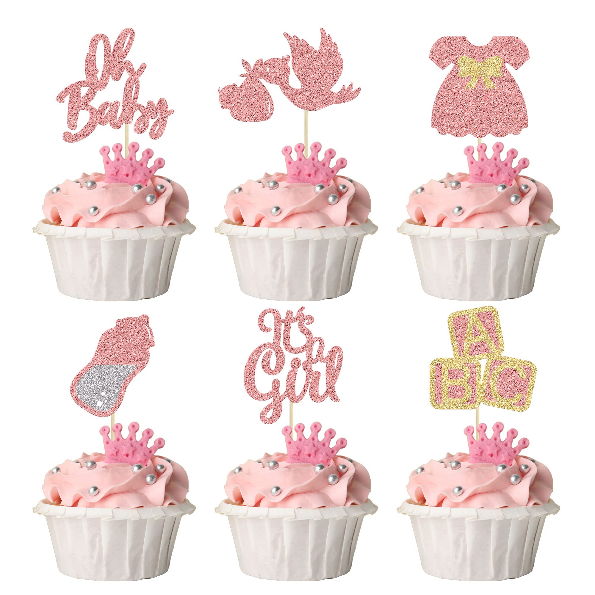 24Pcs Baby Shower Oh Baby Cupcake Toppers Rose Gold Glitter Bow Dress Bottle Swan It's a Girl Cake Picks Decorations for Baby Shower Gender Reveal Girls Birthday Party Supplies