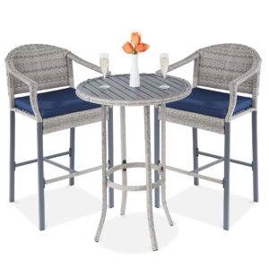 best choice products 3-piece patio bar table set, outdoor wicker bar height bistro furniture for backyard, poolside, balcony w/barstools, cushions, steel frame – gray/blue