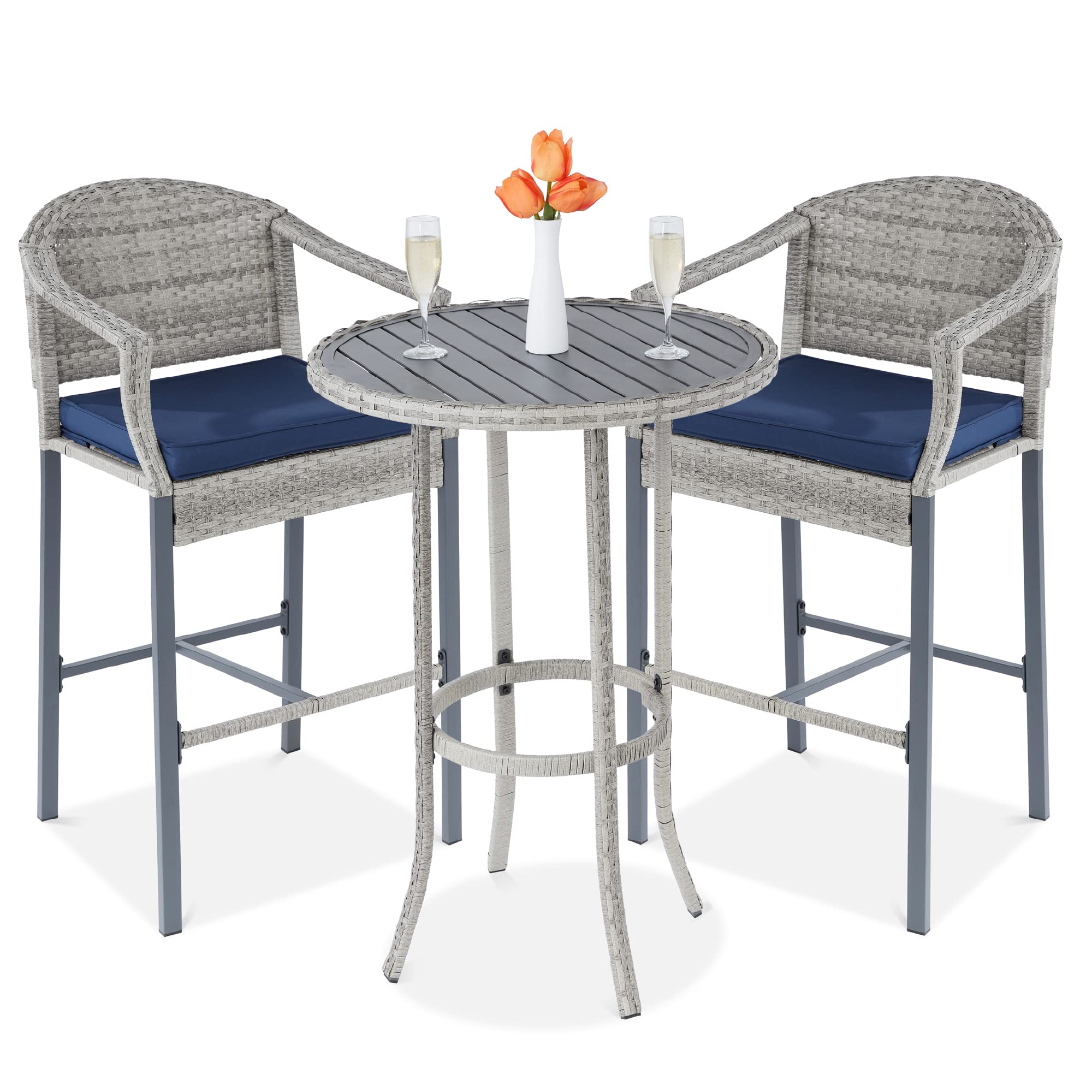 Best Choice Products 3-Piece Patio Bar Table Set, Outdoor Wicker Bar Height Bistro Furniture for Backyard, Poolside, Balcony w/Barstools, Cushions, Steel Frame – Gray/Blue