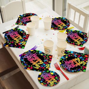 Kepeel 96 Pcs Neon Party Plates, Glow Birthday Party Supplies Disposable Paper Plates Dessert Napkins Glow in the Dark Favors Decorations Graffiti Tableware For Kids, Serves 24