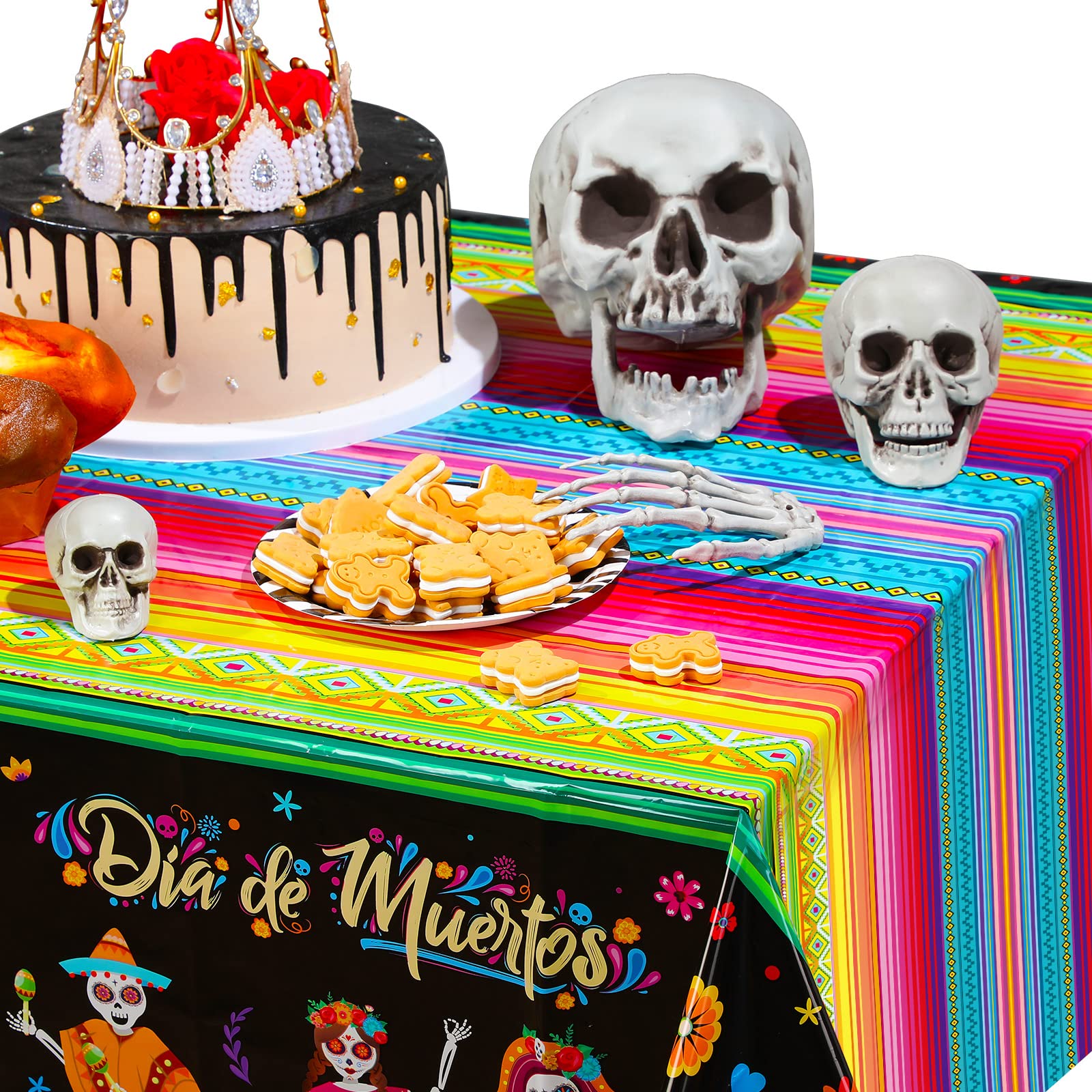 3 Pieces Day of The Dead Tablecloth Dia De Los Muertos Table Cover Halloween Sugar Skull Floral Table Cover Mexican Fiesta Plastic Tablecloth for Halloween Mexican Fiesta Party Supplies, 54 x 108 Inch