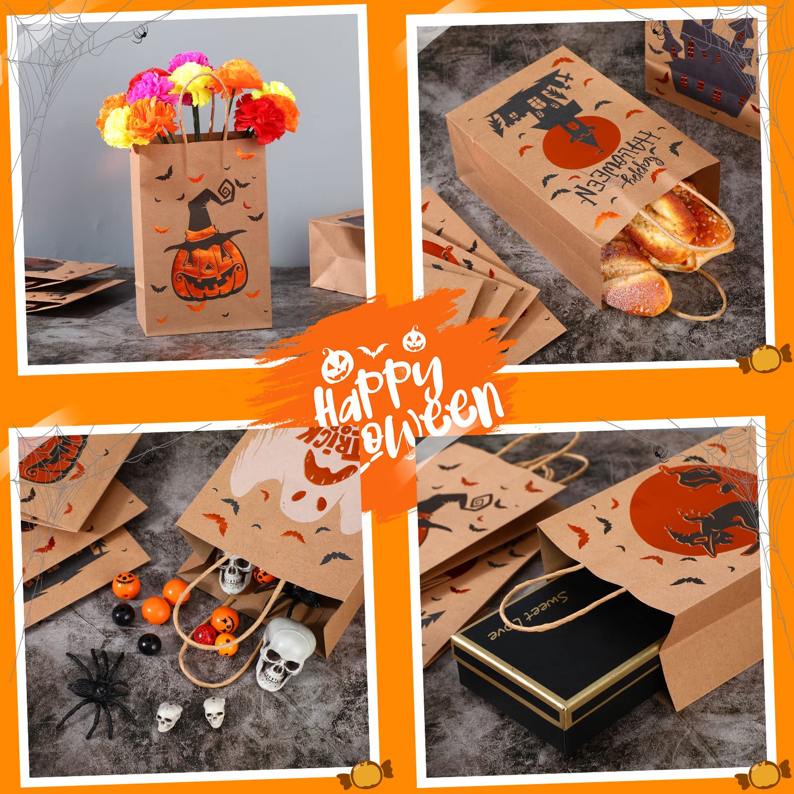 Yexiya Halloween Treat Bags Kraft Paper Candy Gift Bags with Handles Goodies Bags for Halloween Party Favors Supplies Bulk (24)