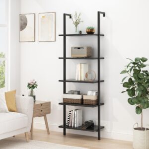 Karl home Ladder Shelf 5 Tier Wall Mounted Bookcase with Metal Frame, Open Design Shelves for Living Room, Bedroom, Home, Dark Walnut (23.62" L x 11.81" W x 70.87" H)